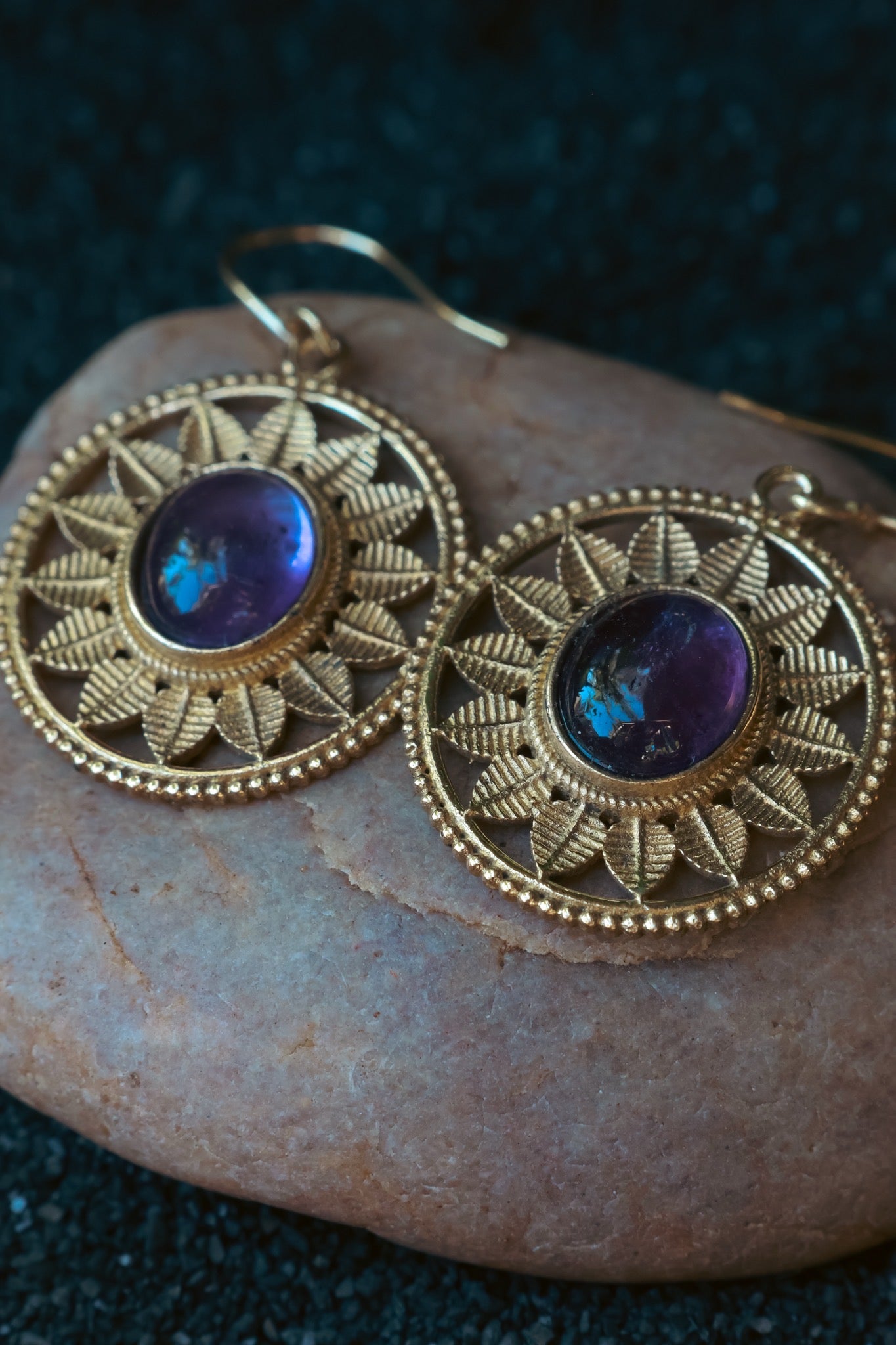 Brass Earrings - Rounded Sun Goddess - Amythest