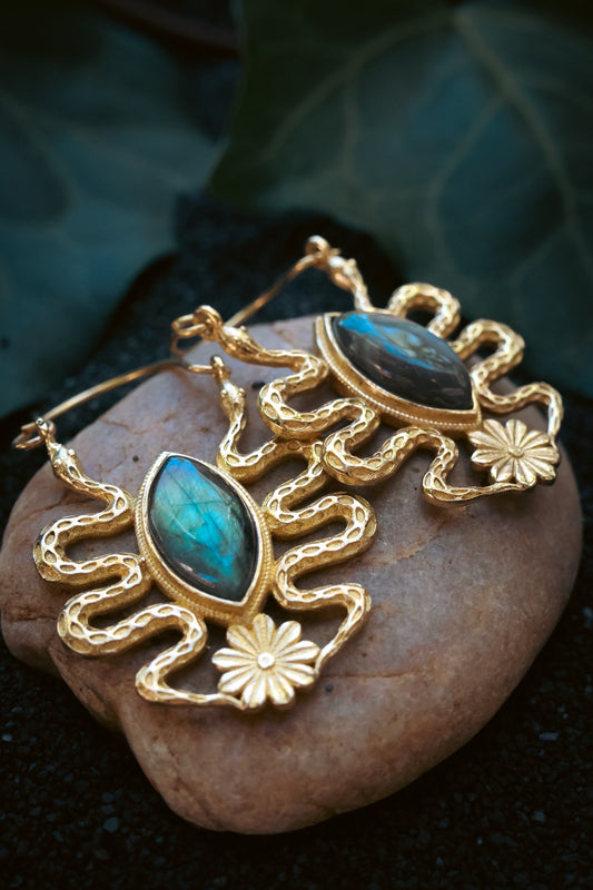 Brass Earrings - Medusa - Labradorite