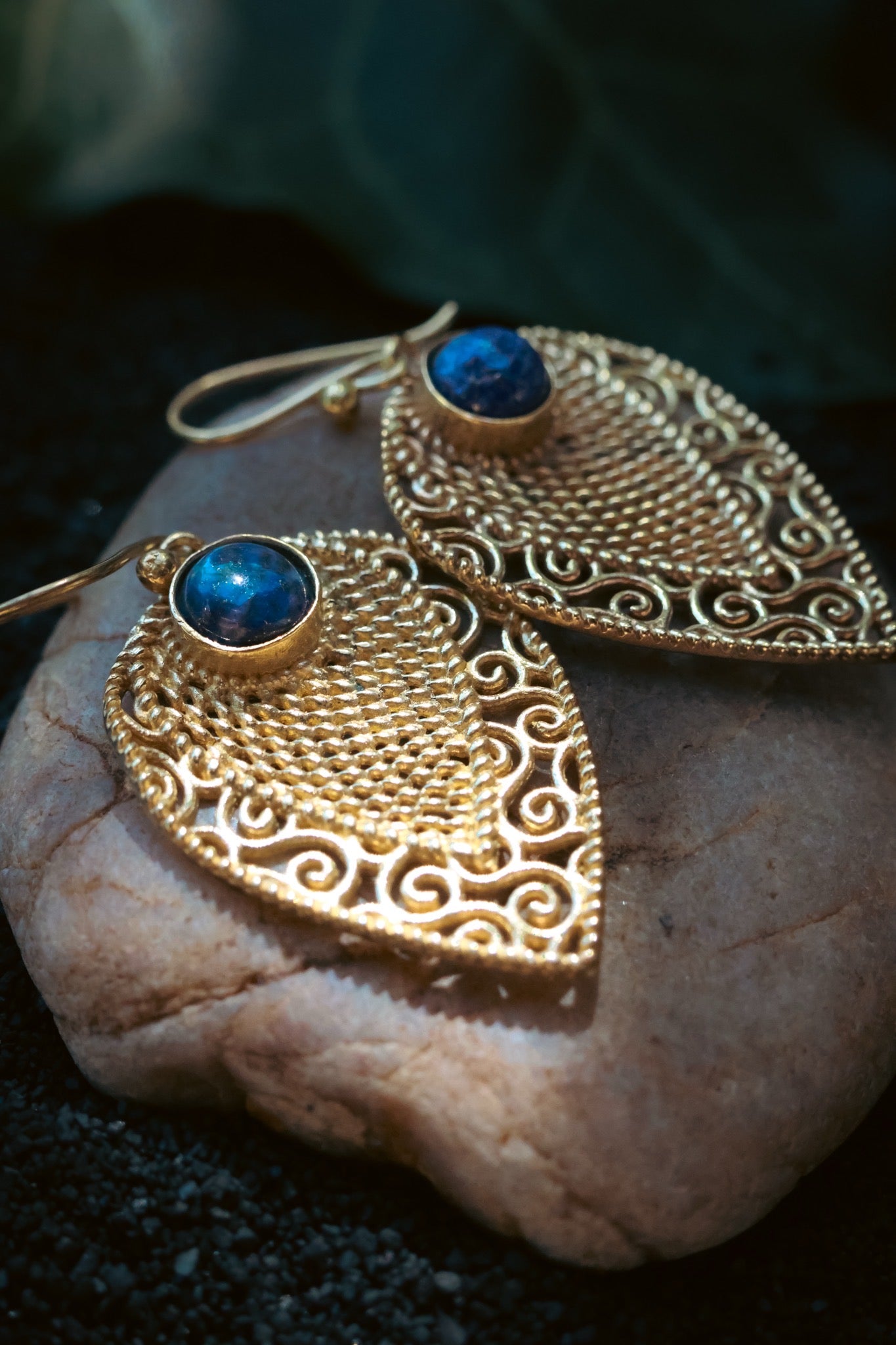 Brass Earrings - Leaf -Lapis Lazuli