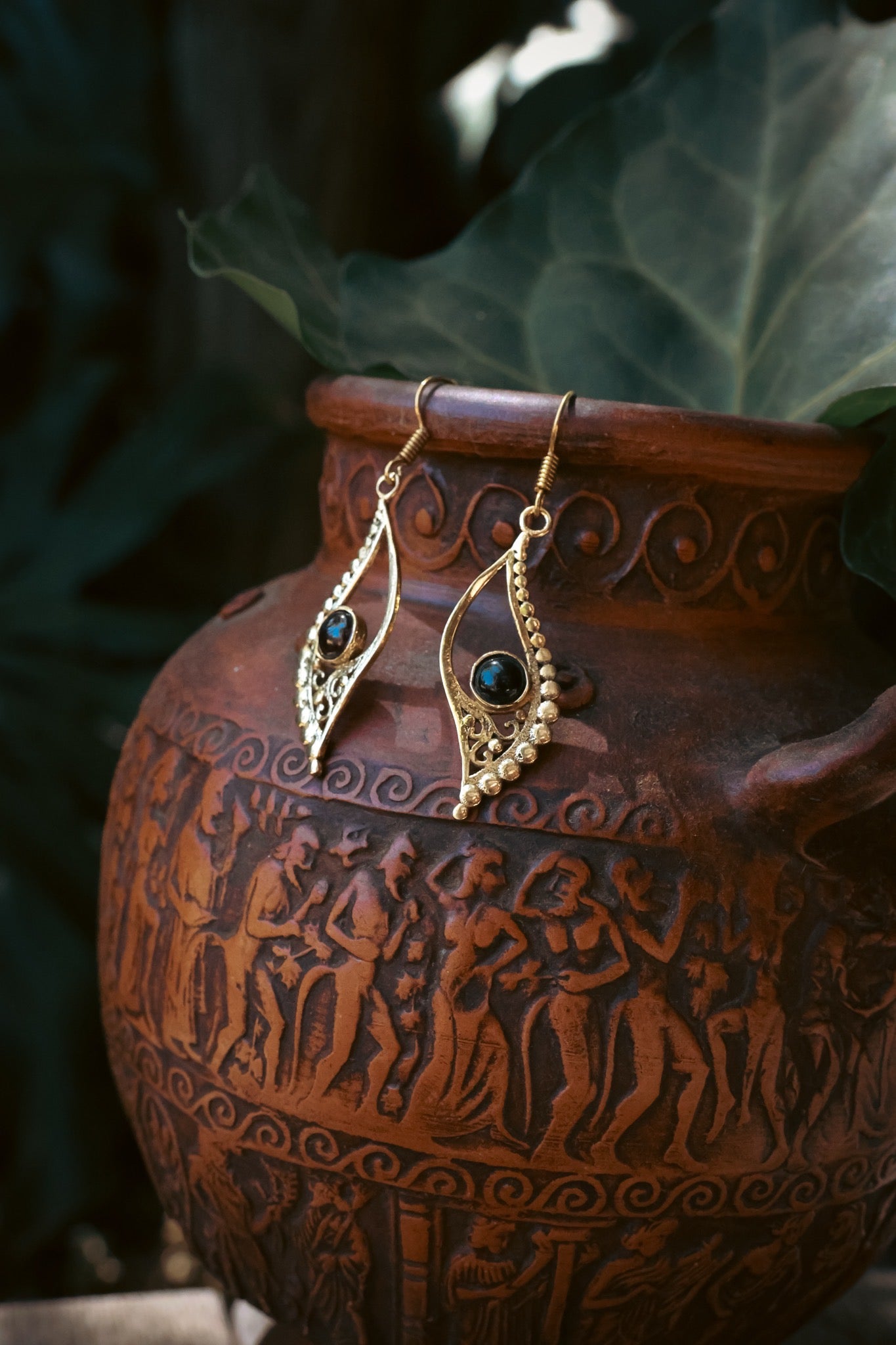 Brass Earrings - Crescent Leaf - Onyx