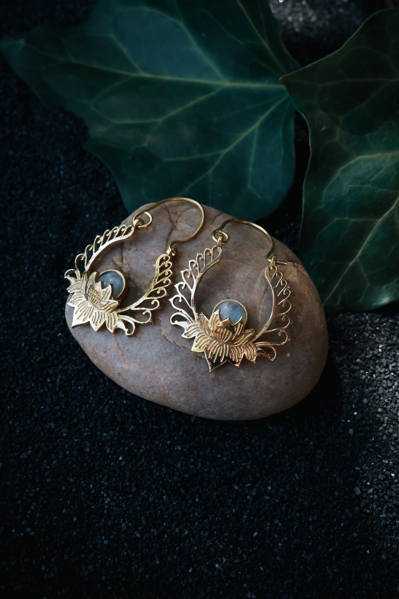Brass Earrings -Lotus Goddess - Labradorite