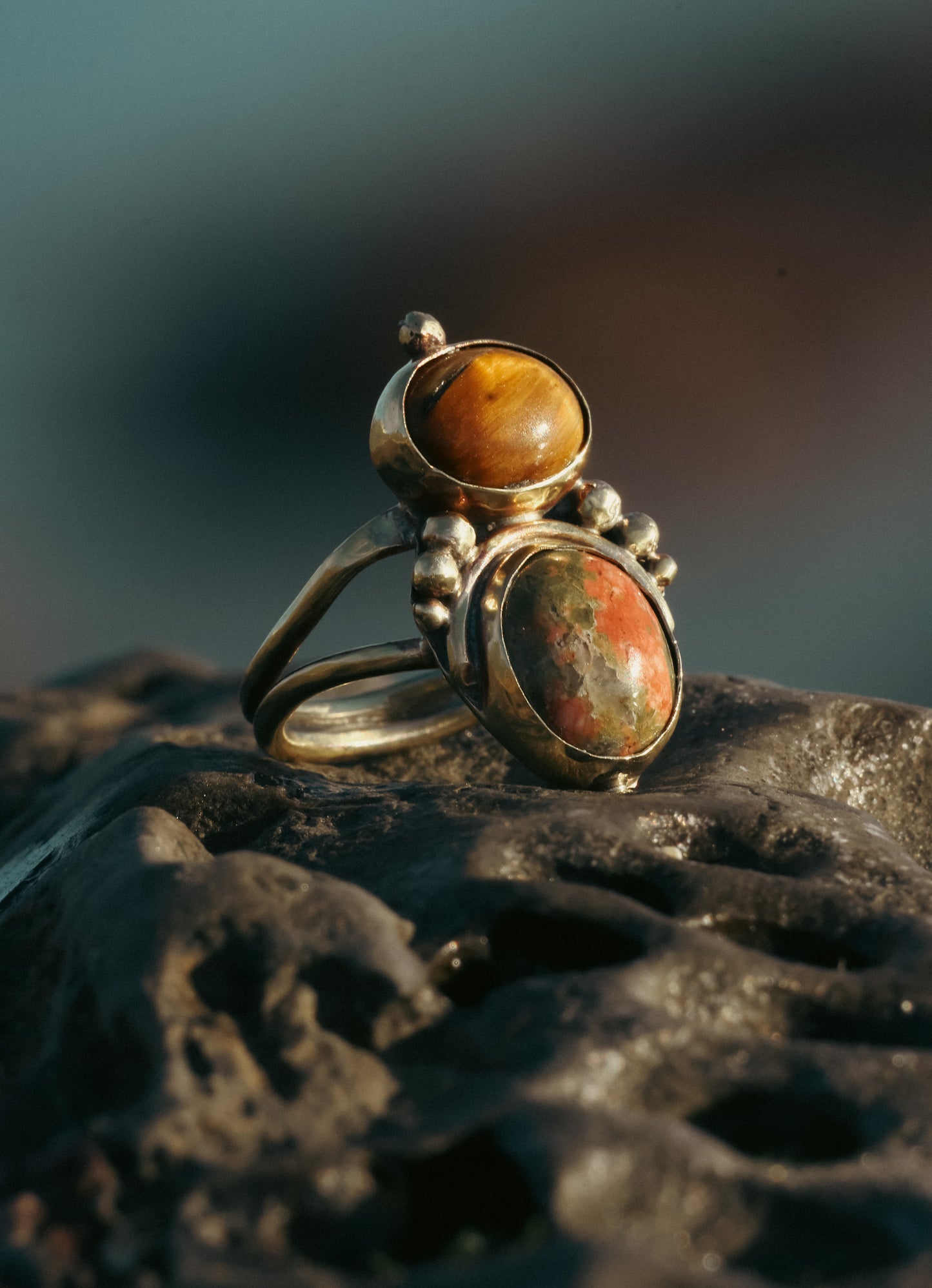 Unakite and Tiger Eye ring Brass