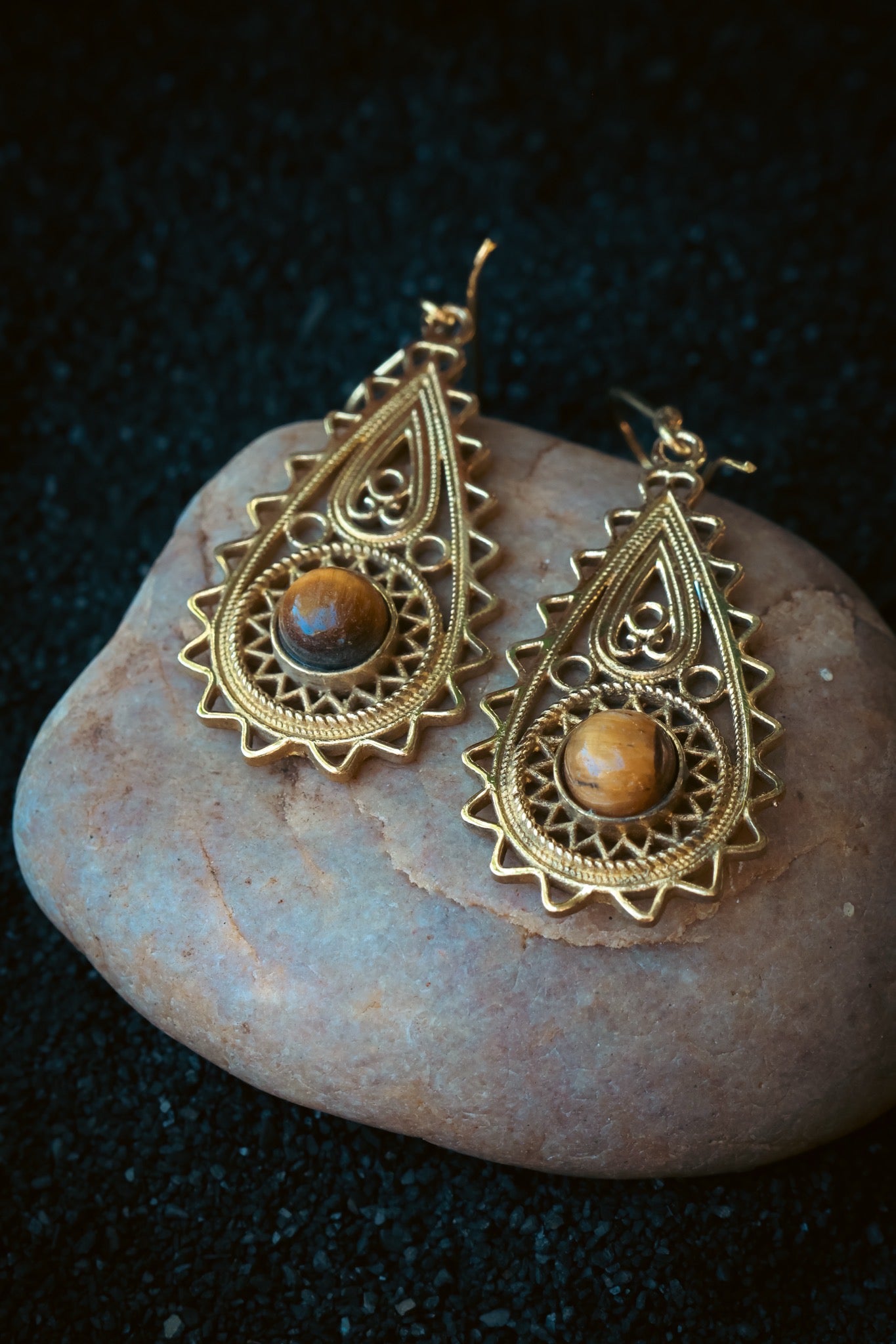 Brass Earrings - Paisley Goddess - Tiger Eye