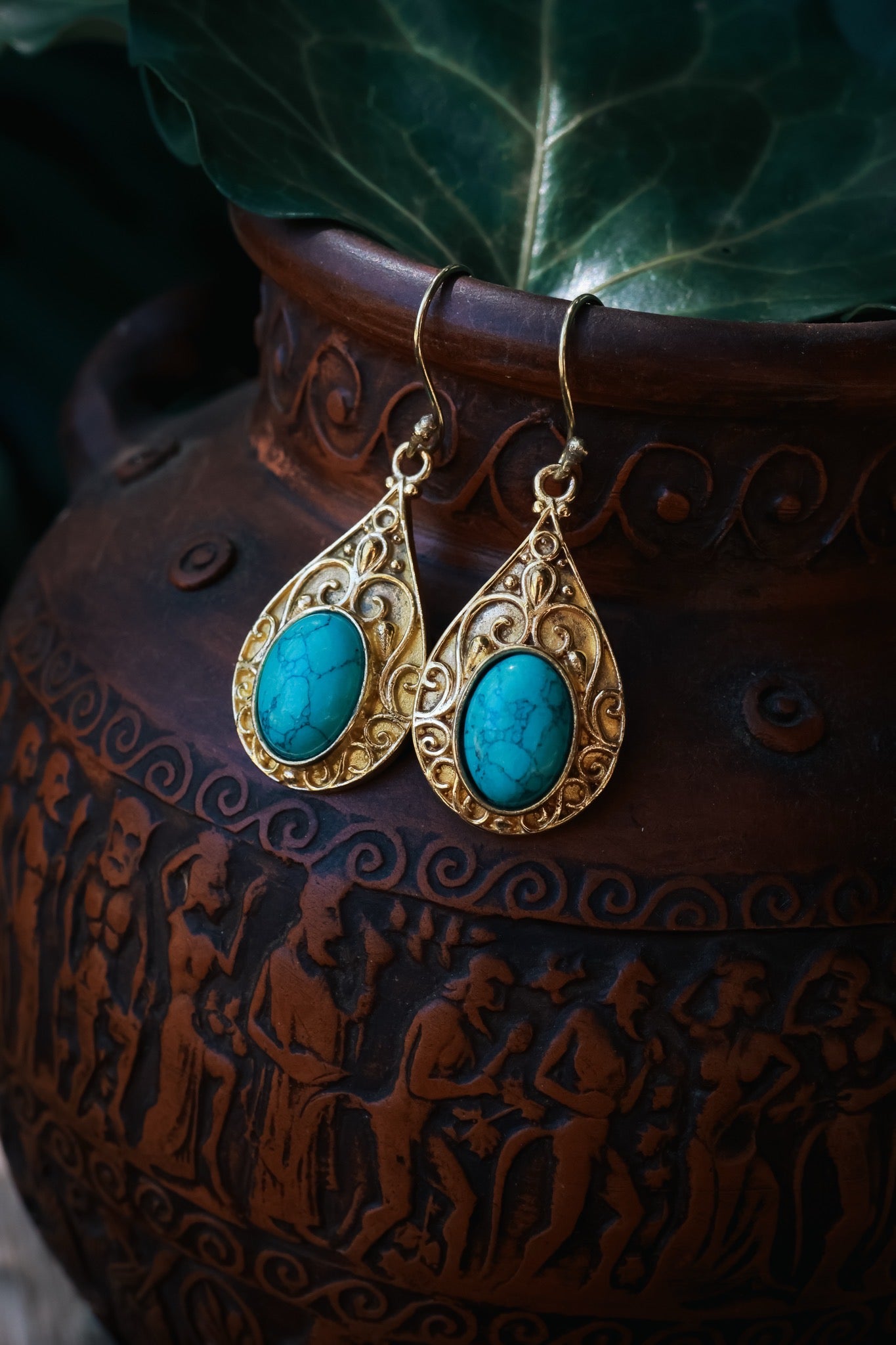 Brass Earrings -Tear drop - Turquoise