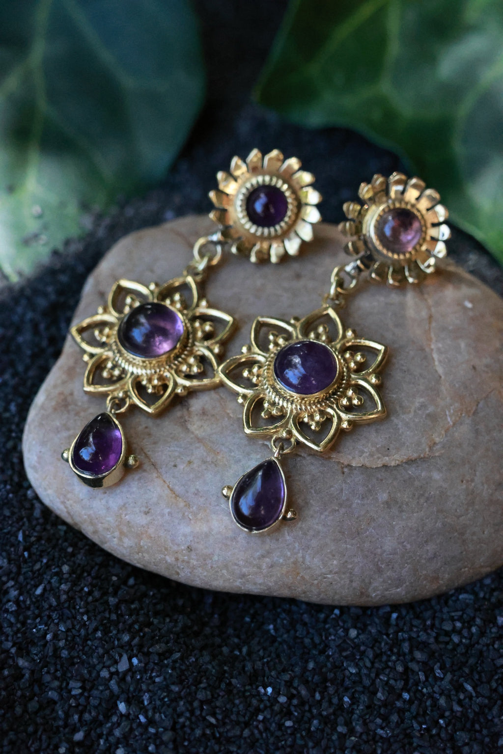 Brass Earrings - Sunflower - Amethyst