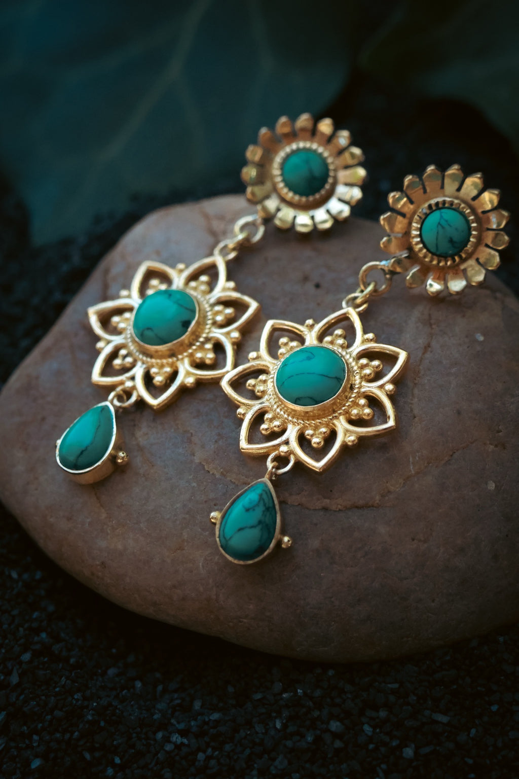 Brass Earrings - Sunflower - Turquoise