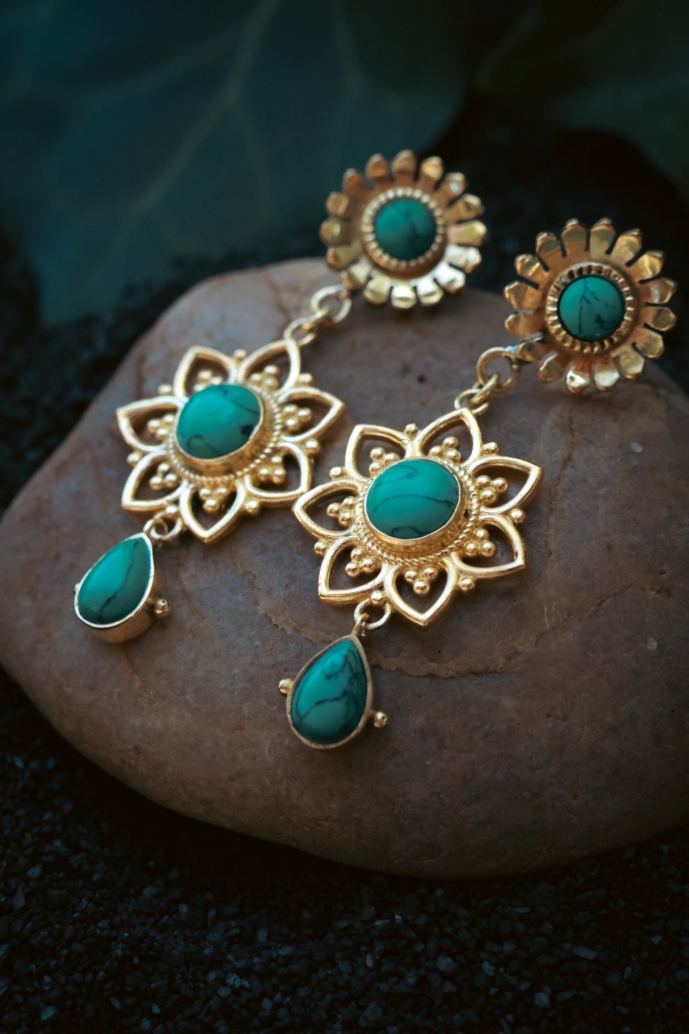 Brass Earrings - Sunflower - Turquoise