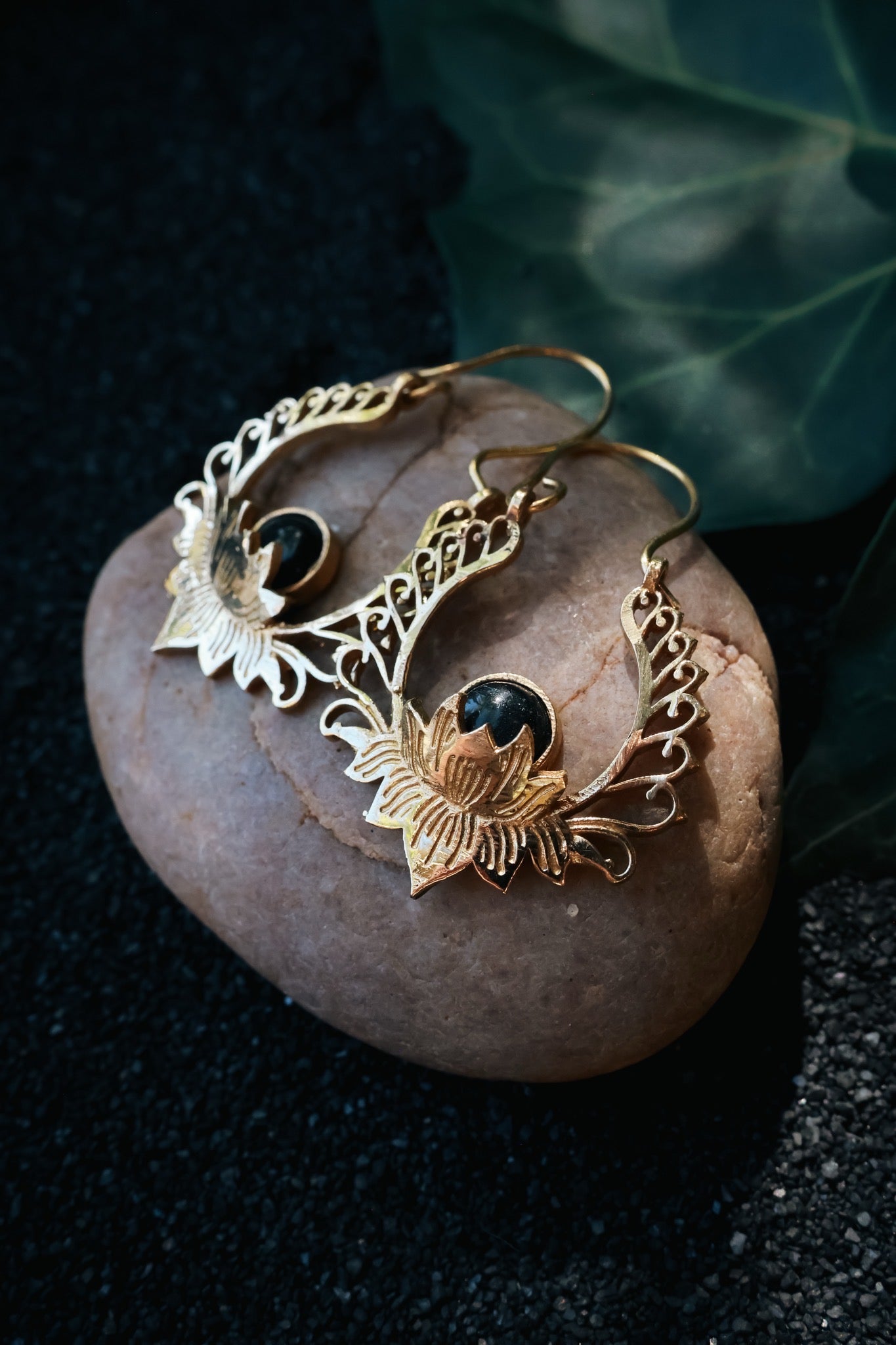 Brass Earrings -Lotus Goddess - Onyx