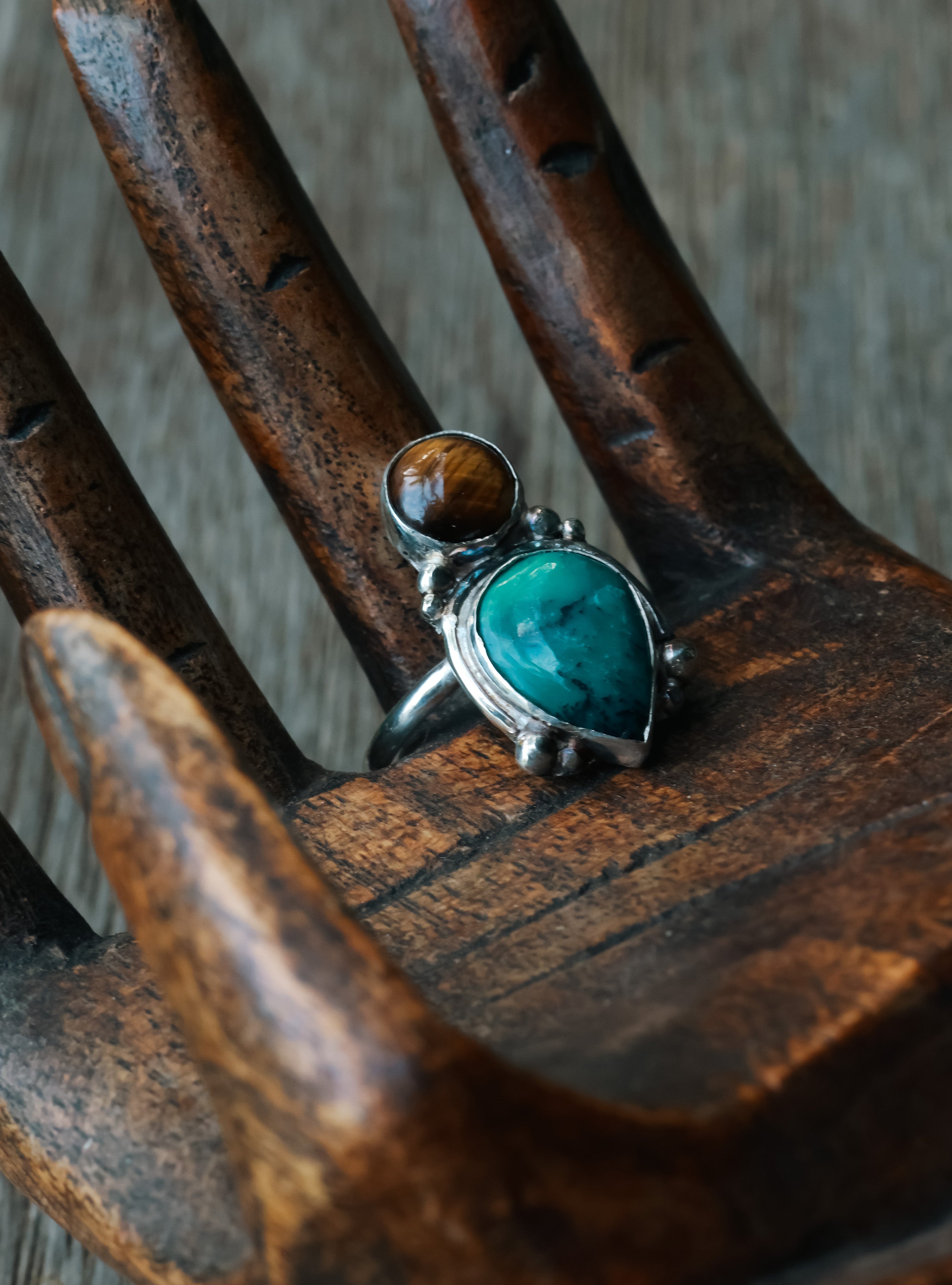 Tiger eye and Tibetan Turquoise 925 silver ring