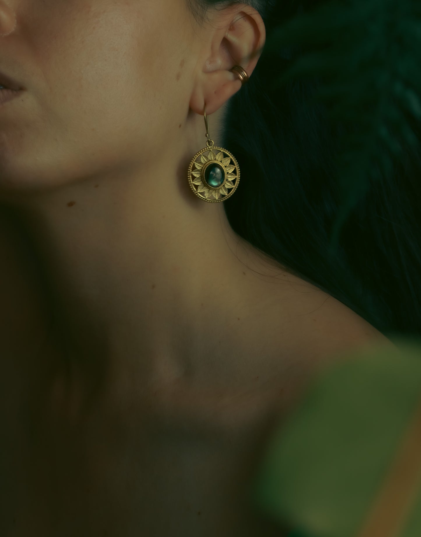 Brass Earrings - Rounded Sun Goddess - Labradorite