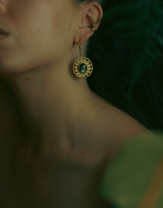Brass Earrings - Rounded Sun Goddess - Labradorite
