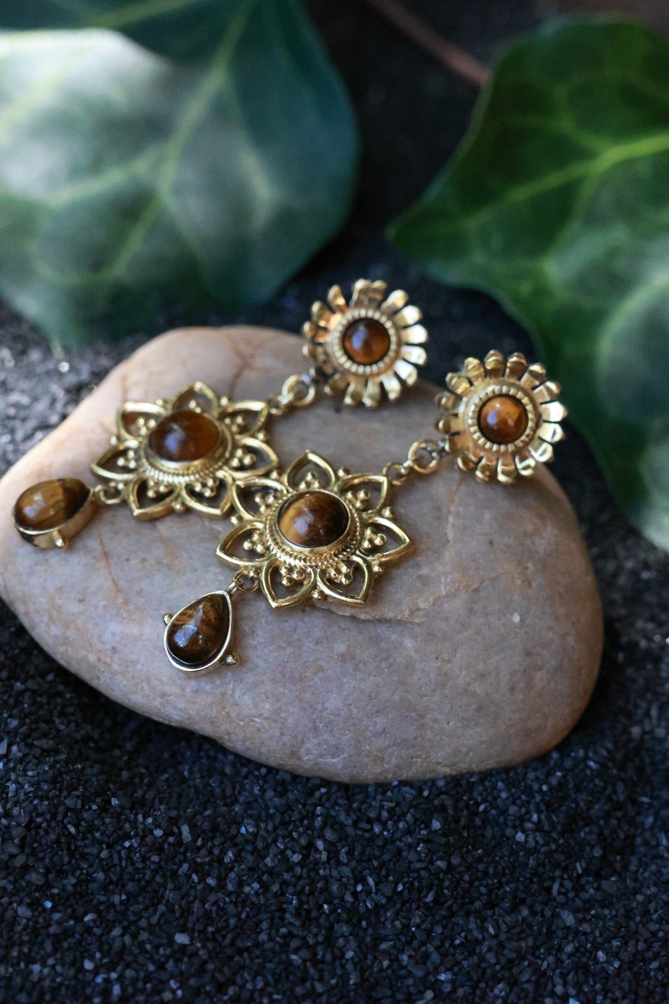 Brass Earrings - Sunflower - Tiger Eye