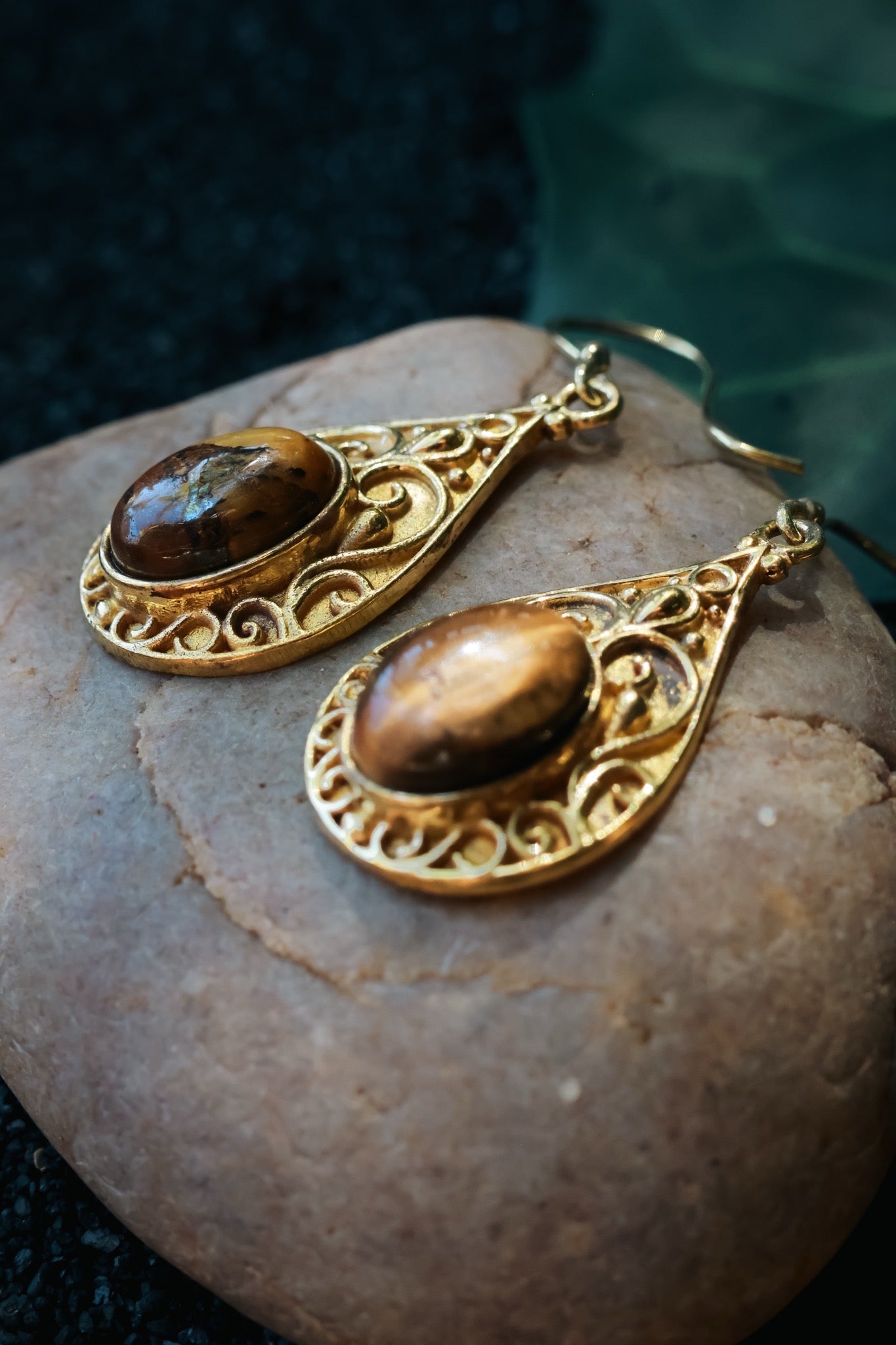 Brass Earrings -Tear drop - Tiger eye
