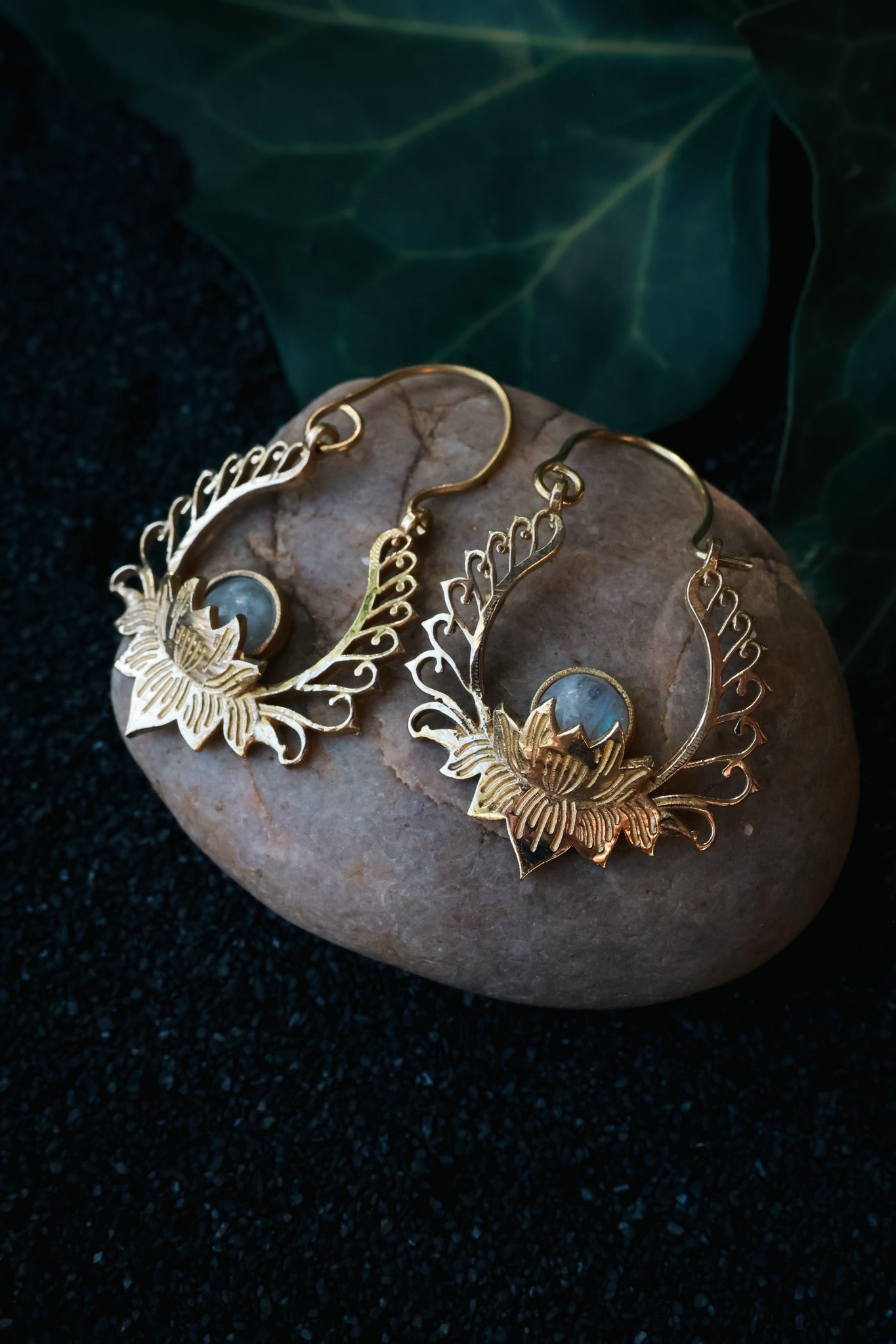 Brass Earrings -Lotus Goddess - Labradorite