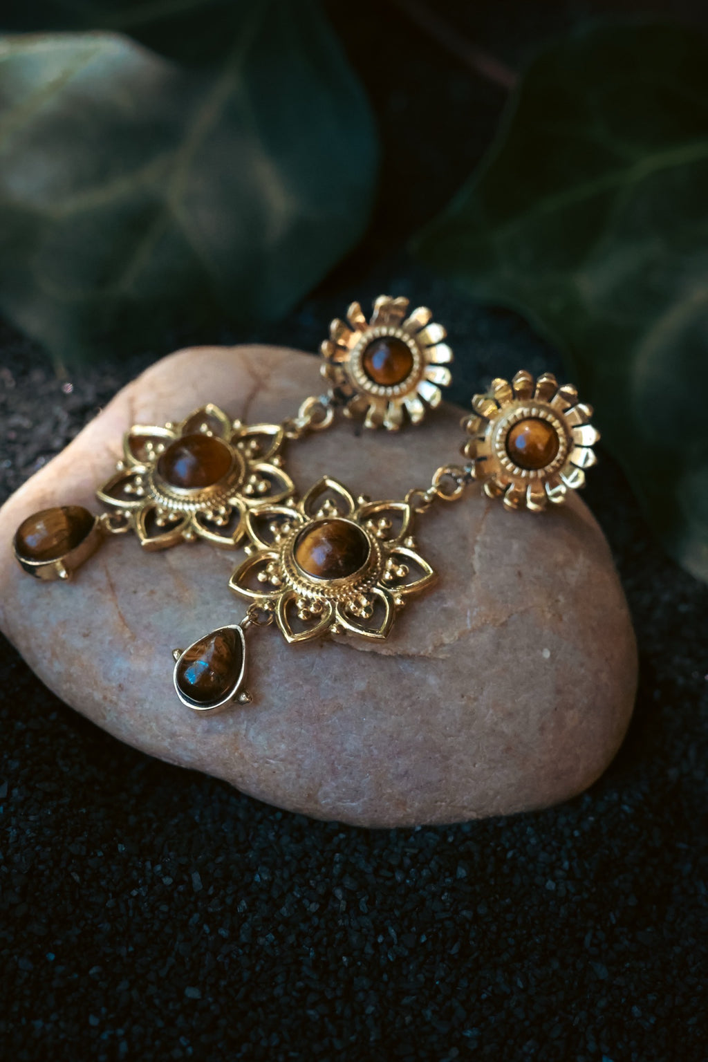 Brass Earrings - Sunflower - Tiger Eye