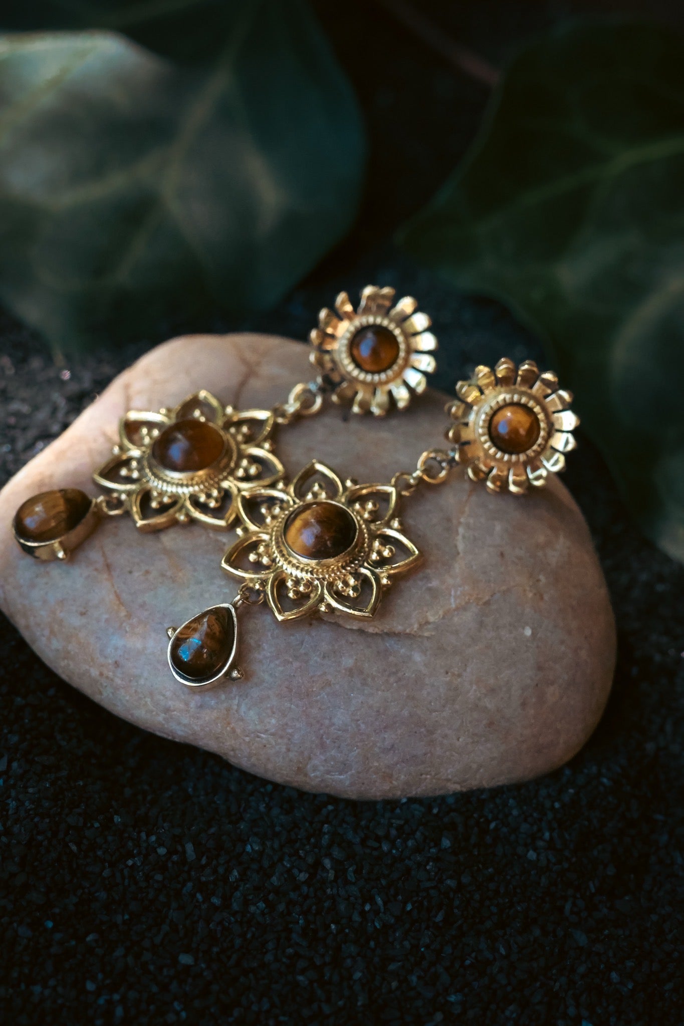 Brass Earrings - Sunflower - Tiger Eye