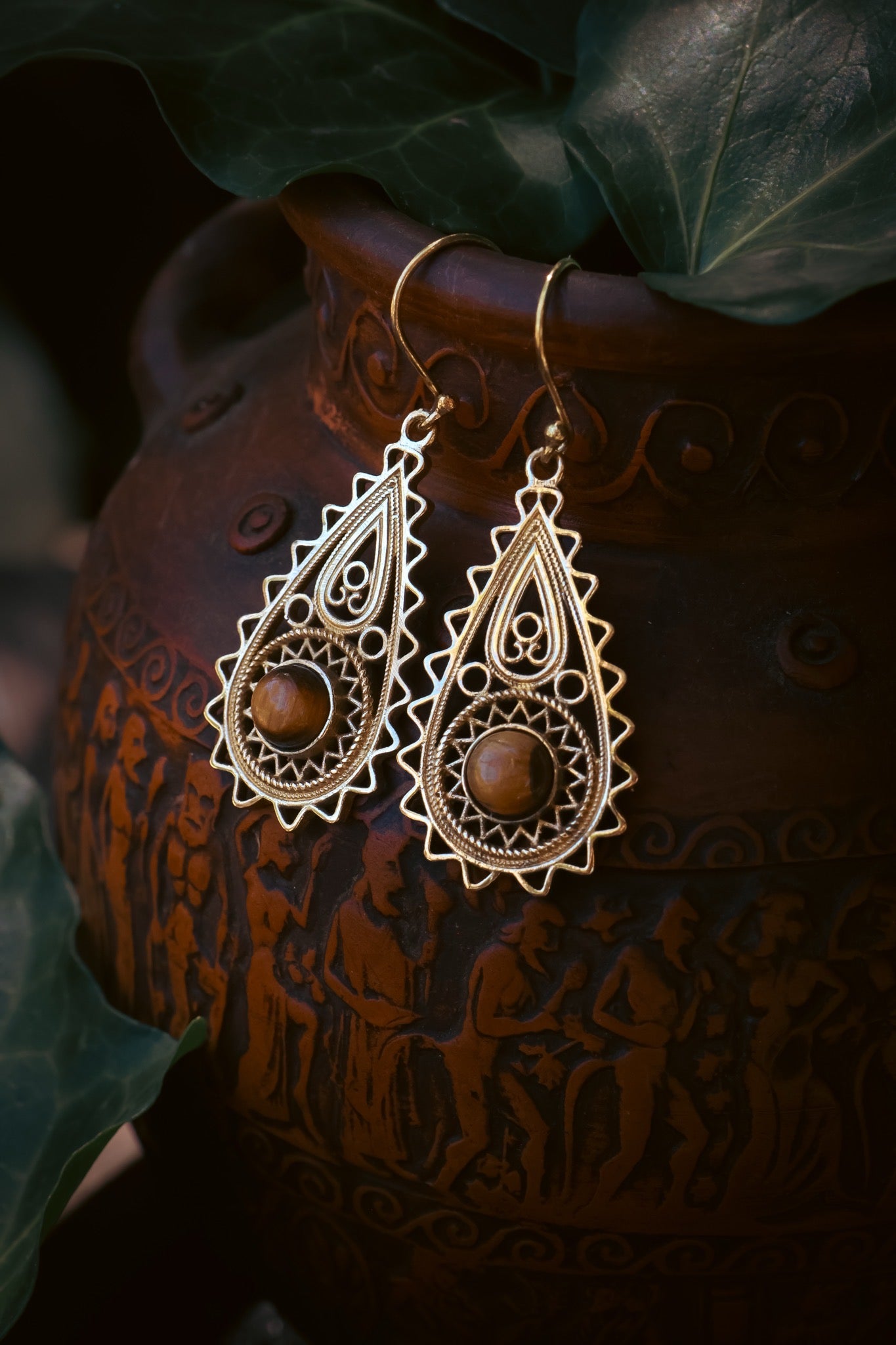 Brass Earrings - Paisley Goddess - Tiger Eye