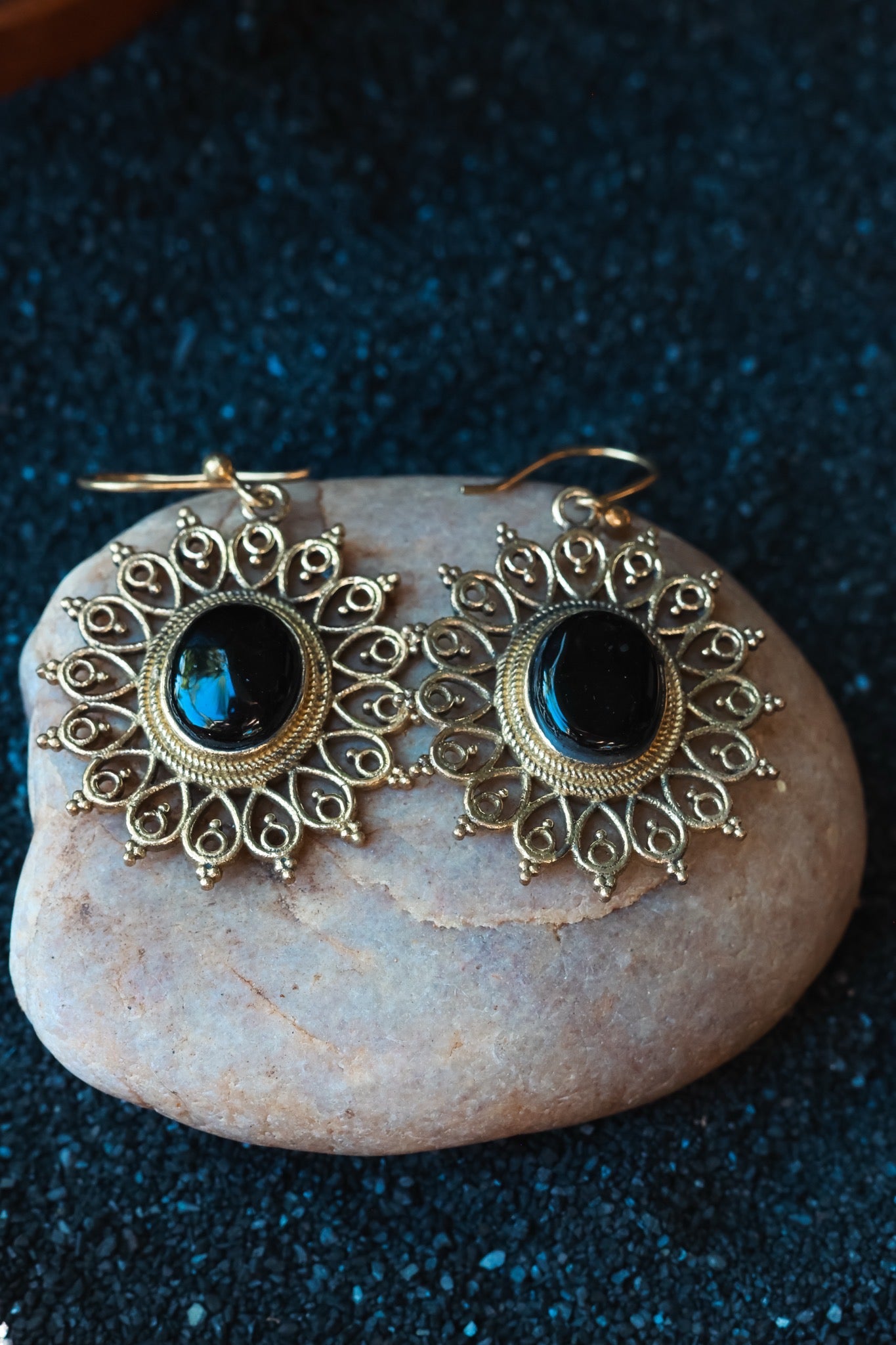Brass Earrings - Sun Goddess Onyx