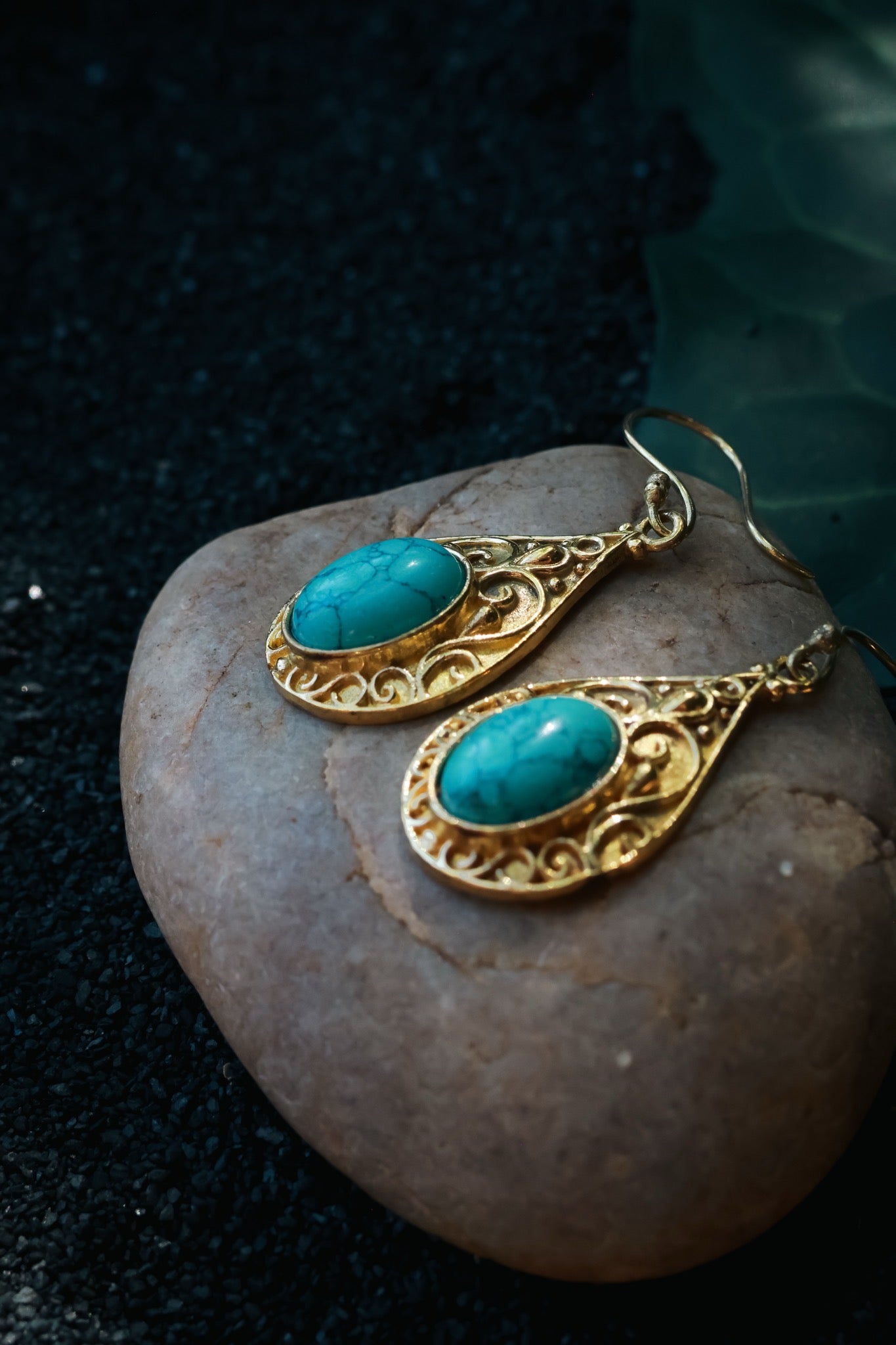 Brass Earrings -Tear drop - Turquoise