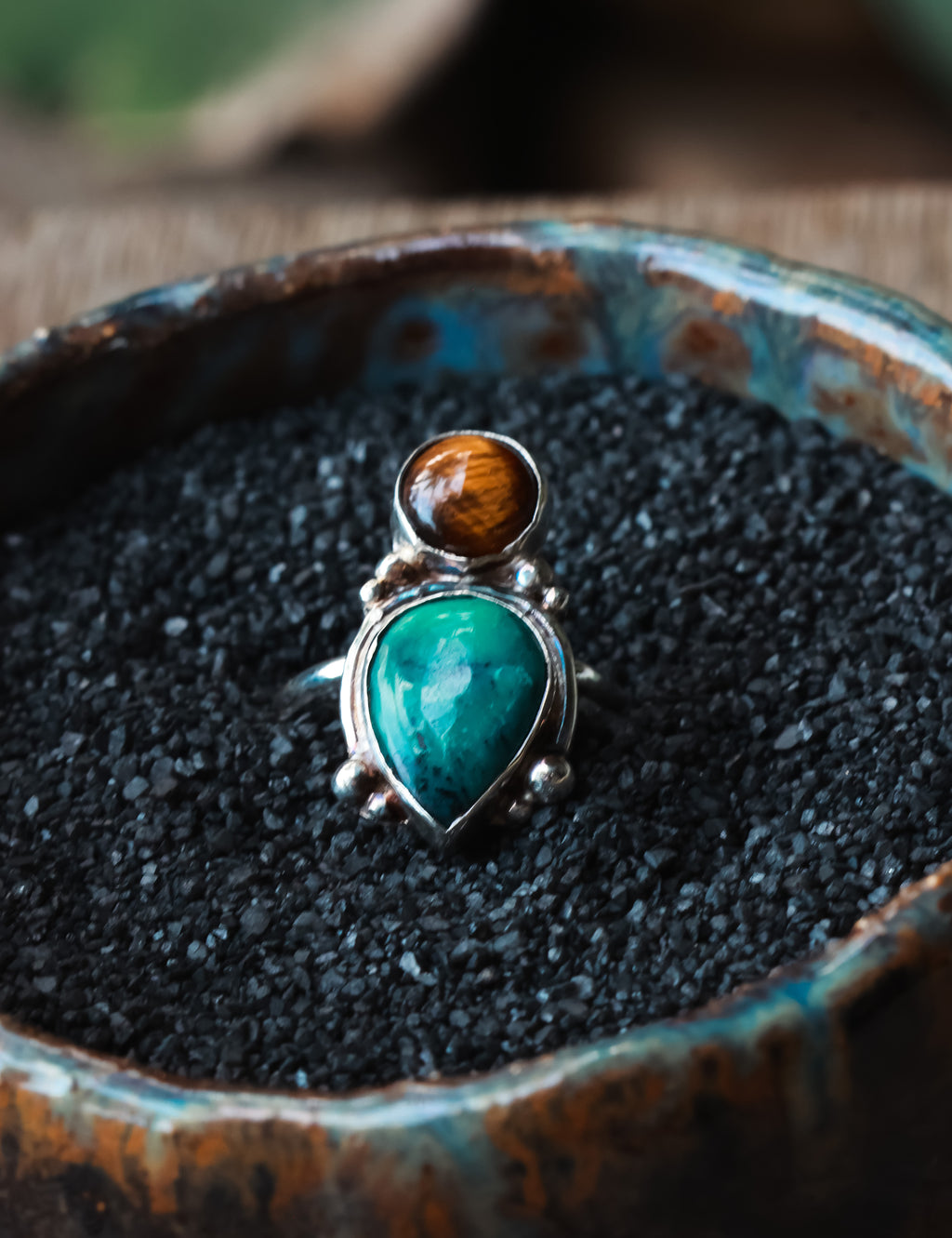 Tiger eye and Tibetan Turquoise 925 silver ring