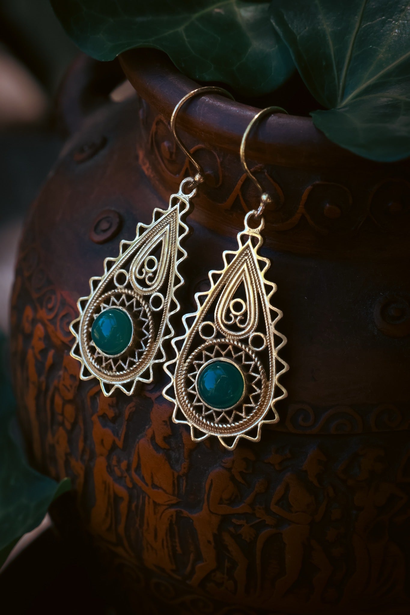 Brass Earrings - Paisley Goddess - Aventurine