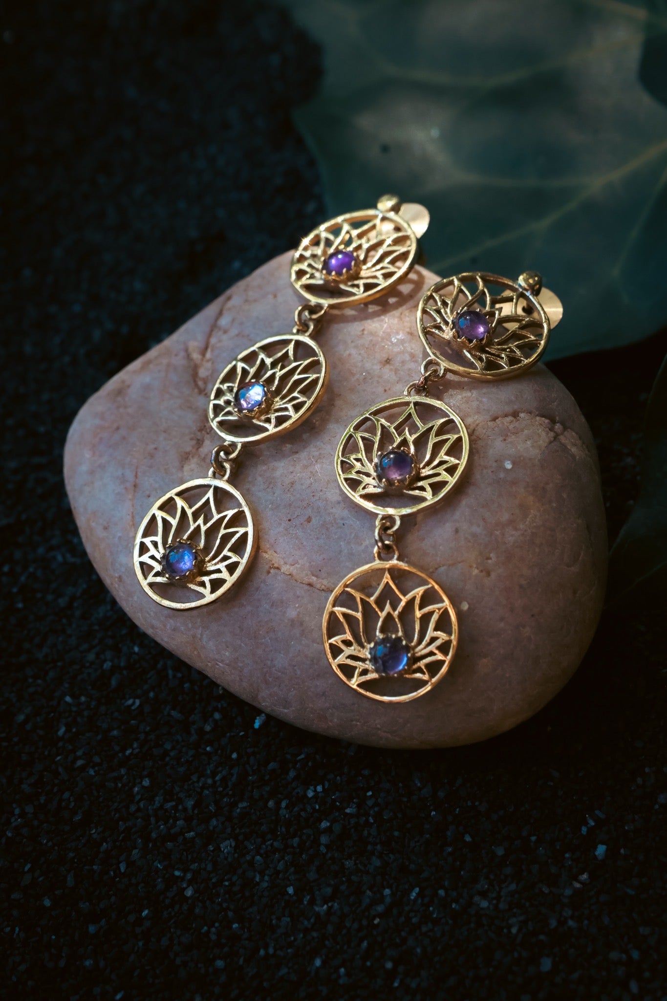 Brass Earrings -Lotus trail -Amethyst