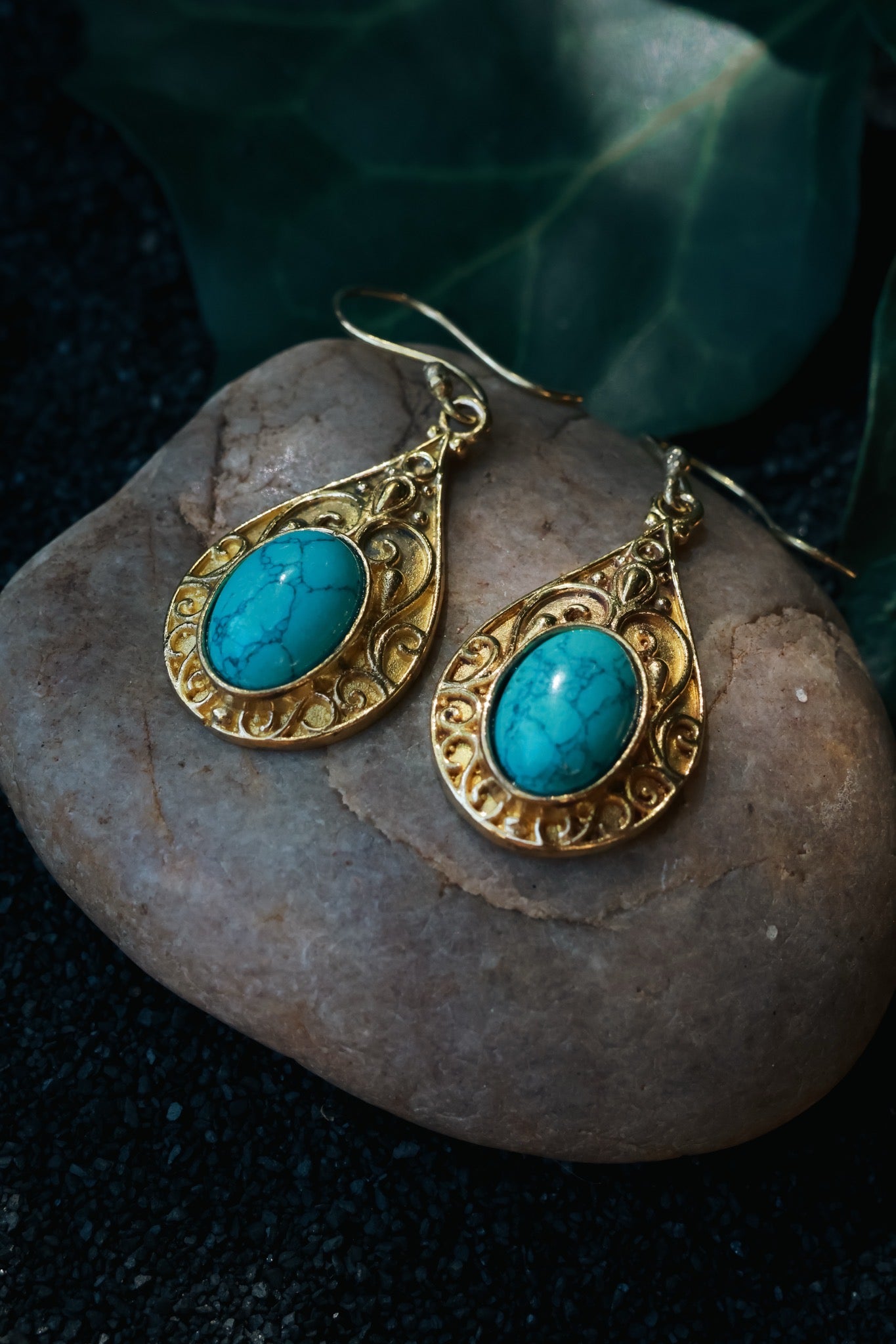 Brass Earrings -Tear drop - Turquoise