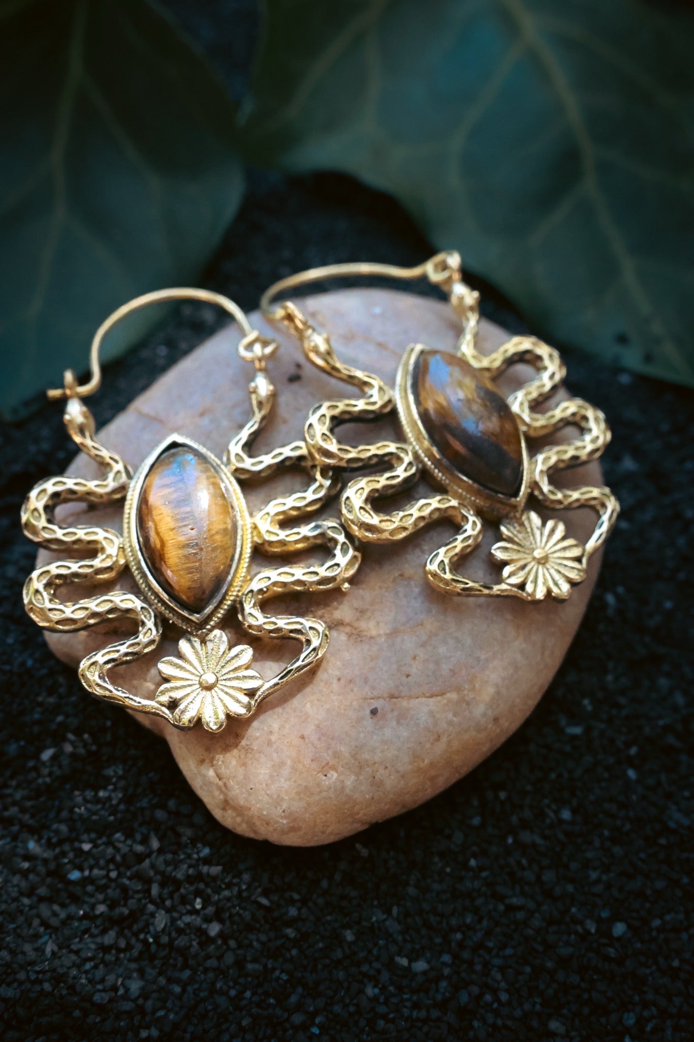Brass Earrings - Medusa - Tiger eye