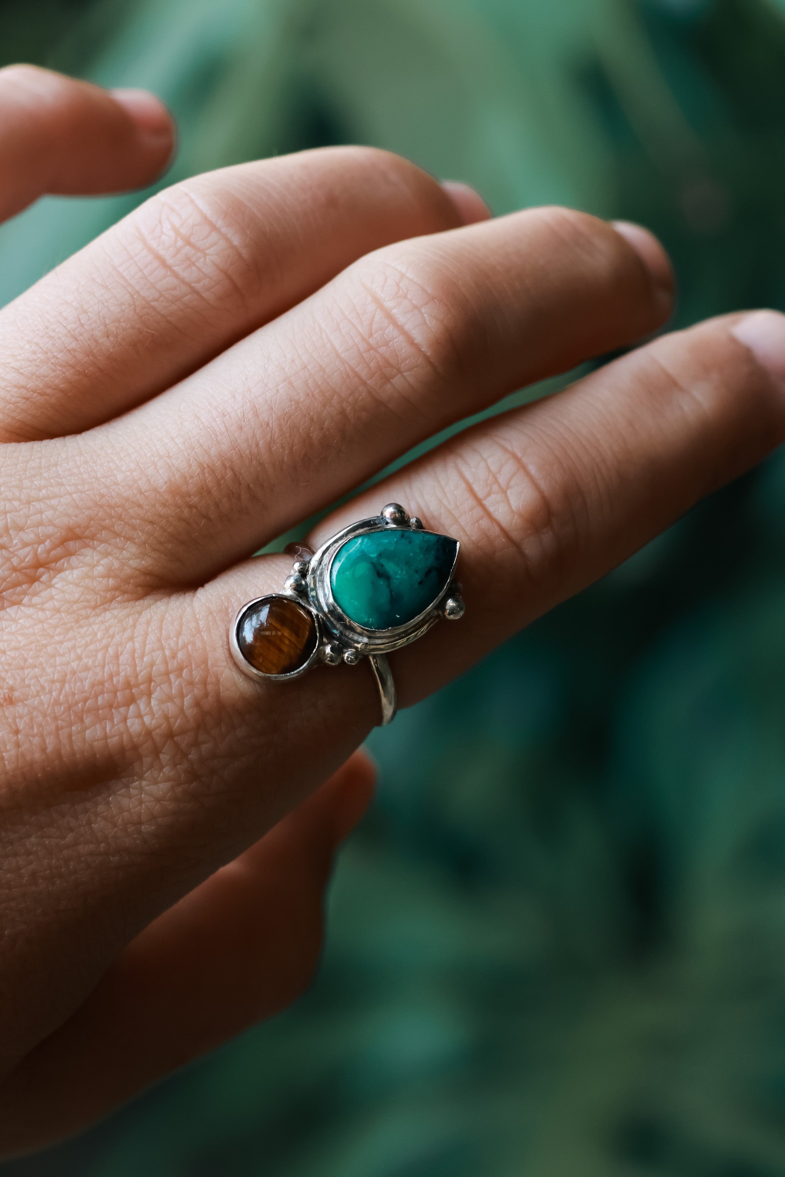 Tiger eye and Tibetan Turquoise 925 silver ring