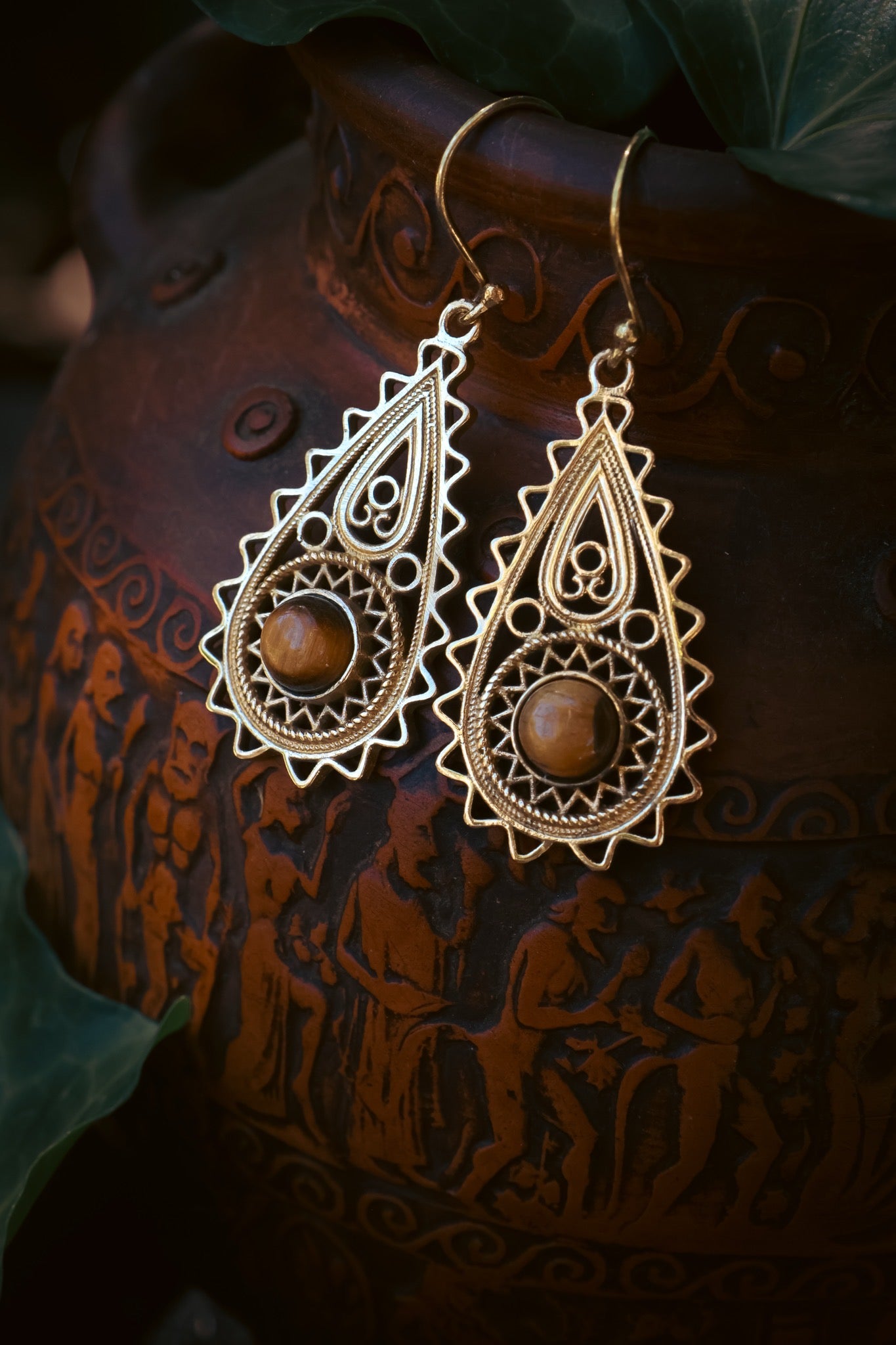 Brass Earrings - Paisley Goddess - Tiger Eye