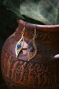Brass Earrings - Crescent Leaf - Lapis lazuli