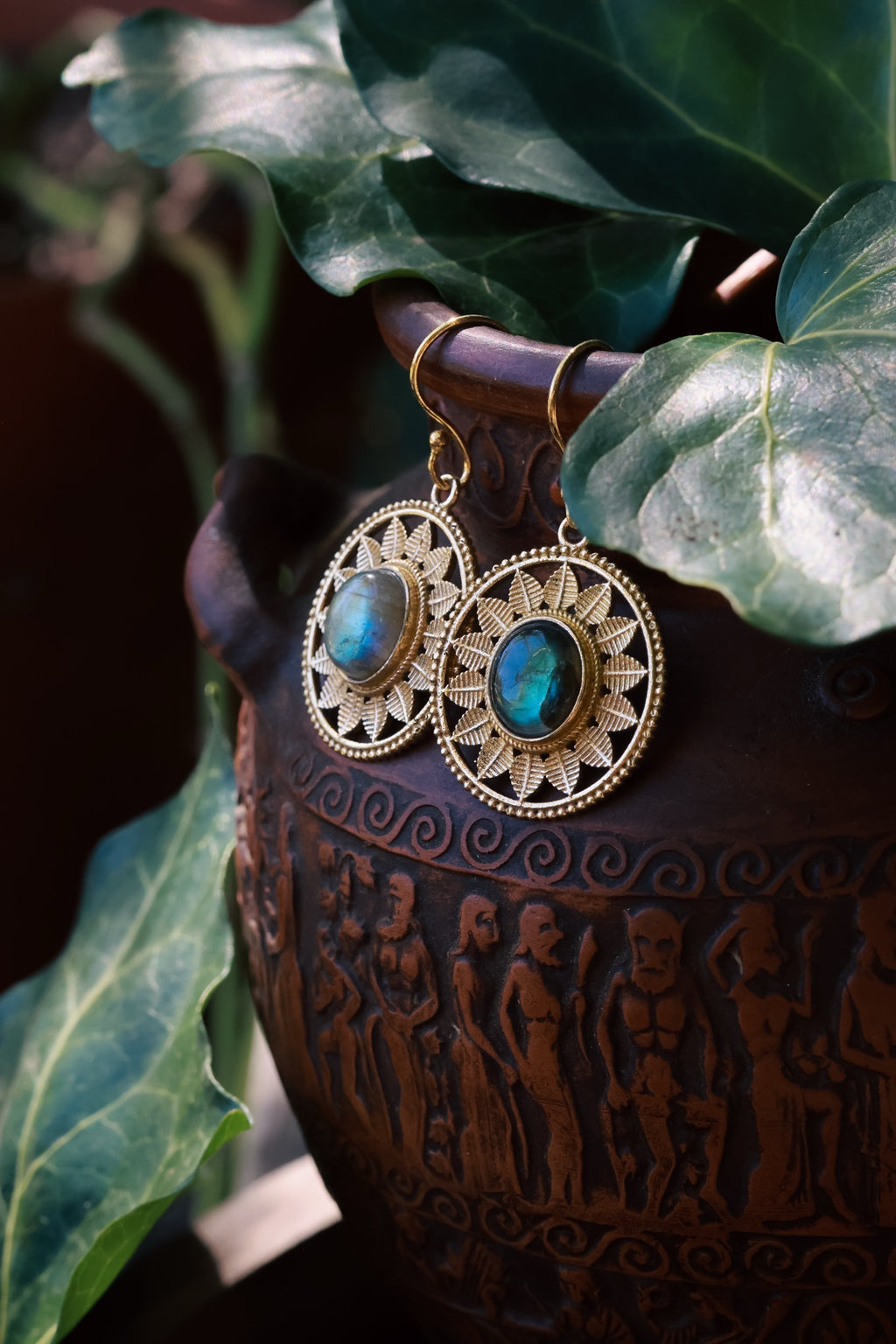 Brass Earrings - Rounded Sun Goddess - Labradorite