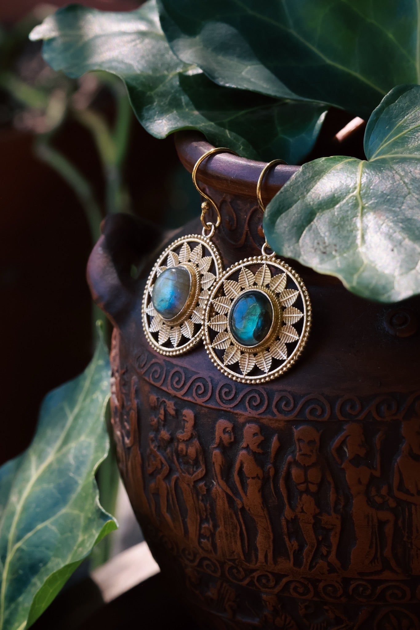 Brass Earrings - Rounded Sun Goddess - Labradorite