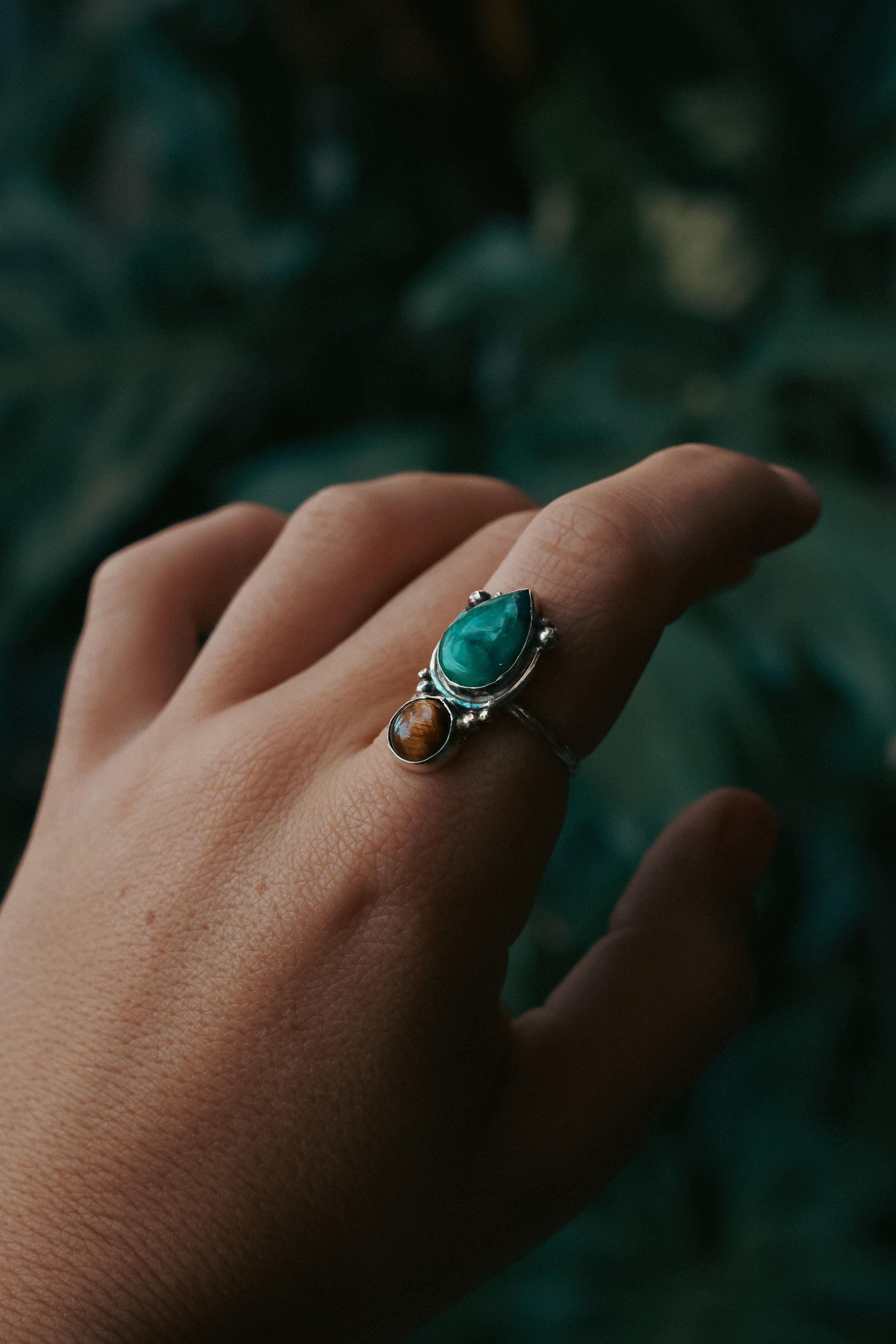 Tiger eye and Tibetan Turquoise 925 silver ring
