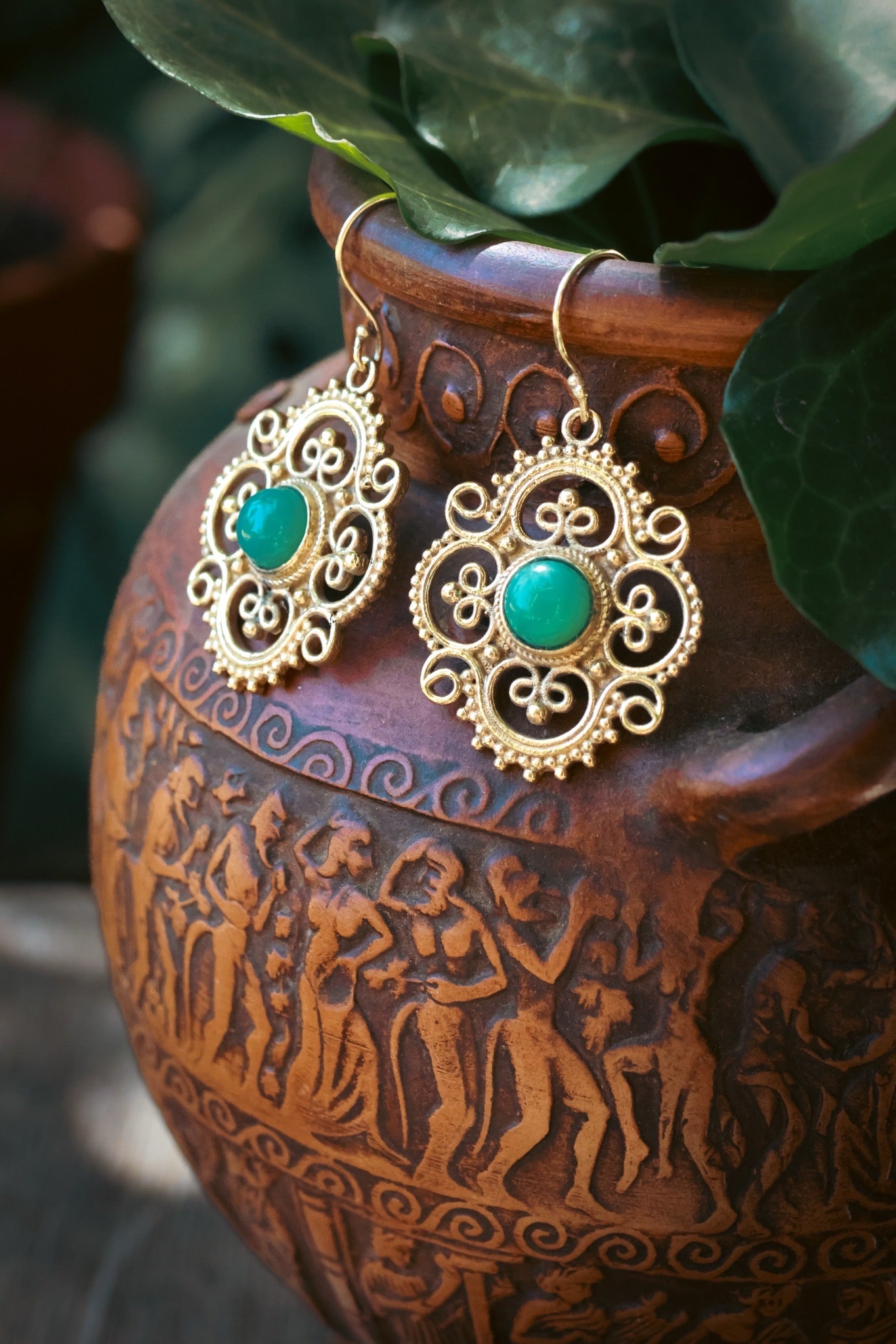 Brass Earrings -Clover - Aventurine