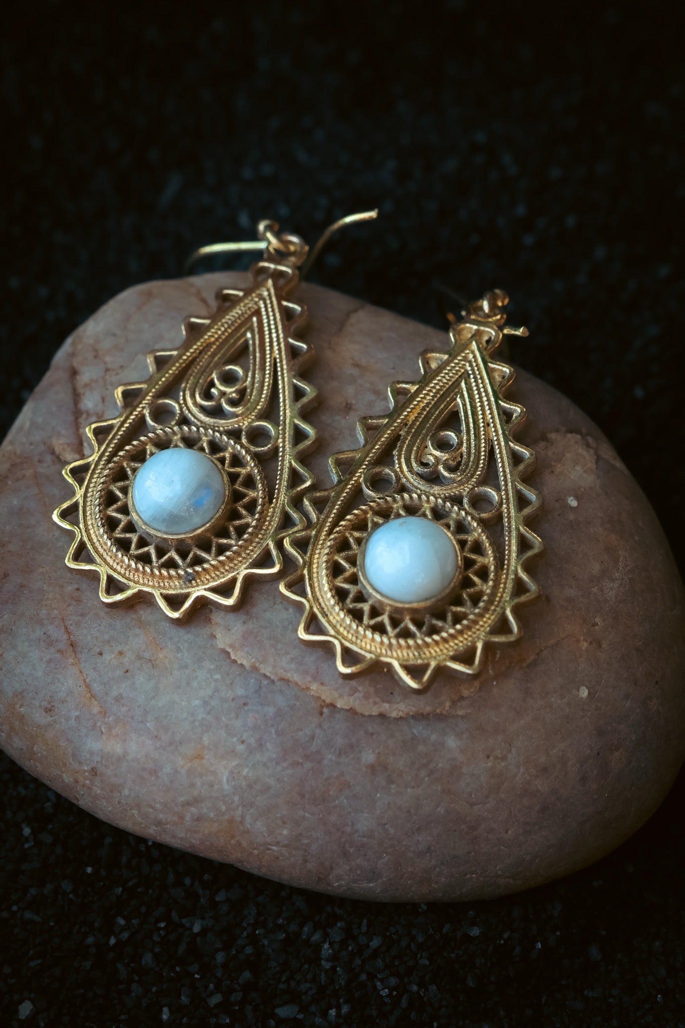 Brass Earrings - Paisley Goddess -Moonstone