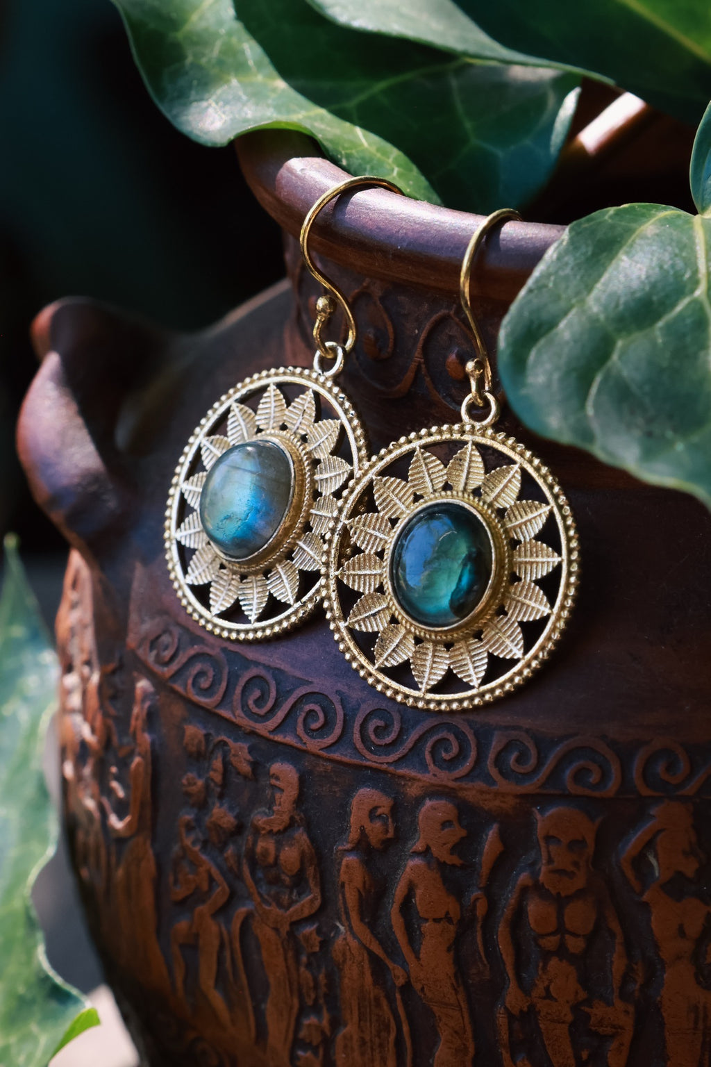 Brass Earrings - Rounded Sun Goddess - Labradorite