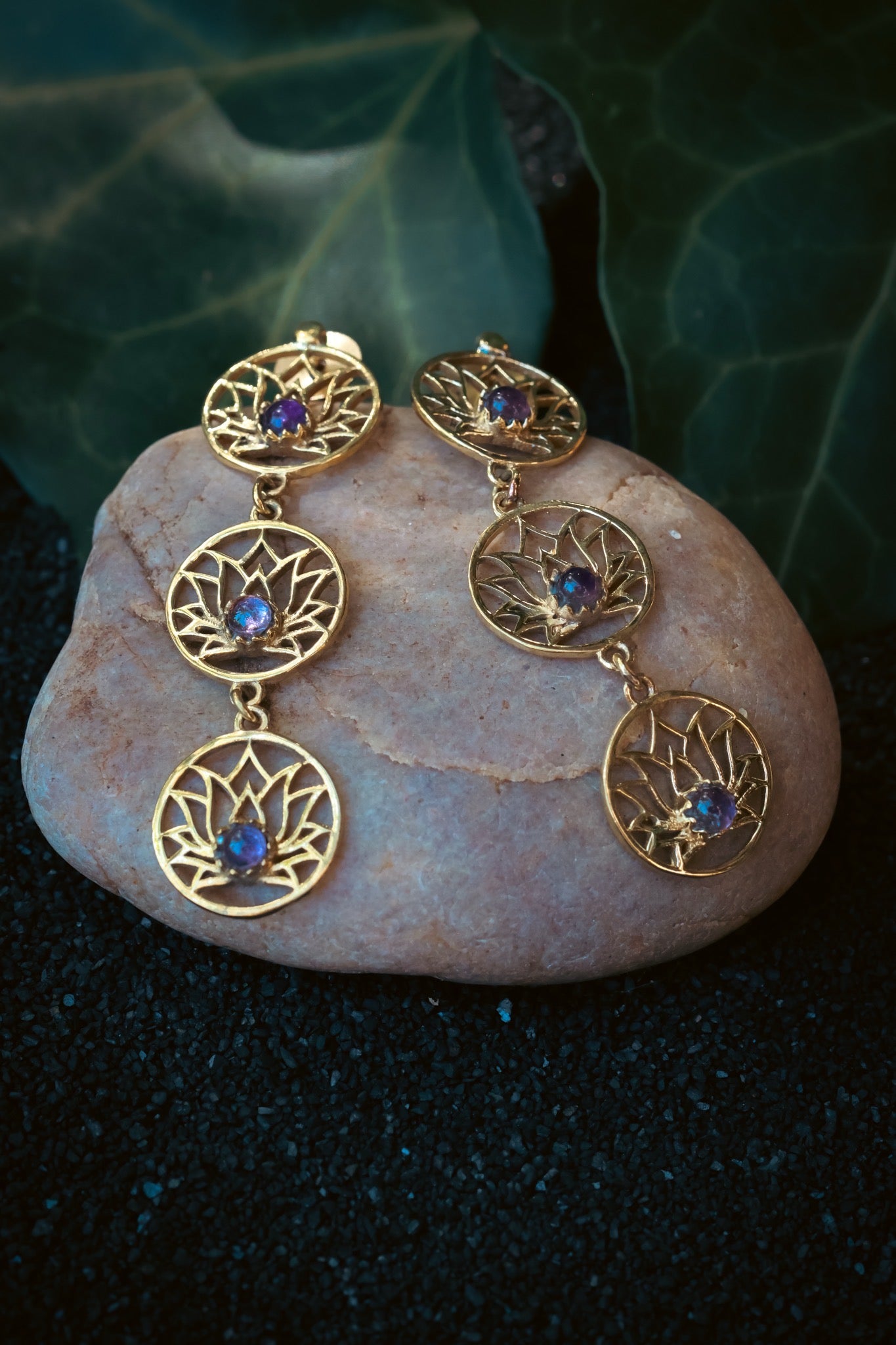 Brass Earrings -Lotus trail -Amethyst