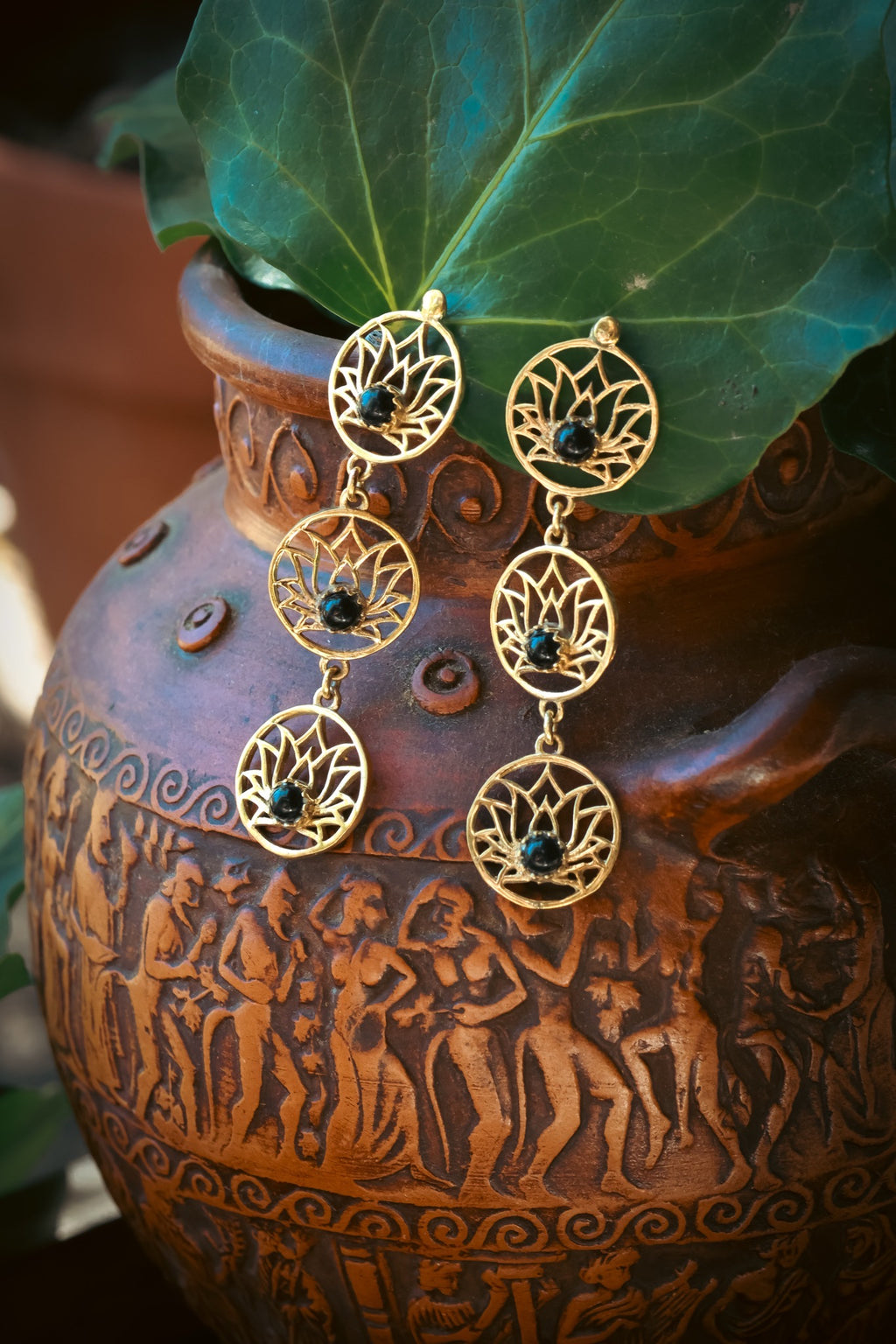 Brass Earrings -Lotus trail - Onyx