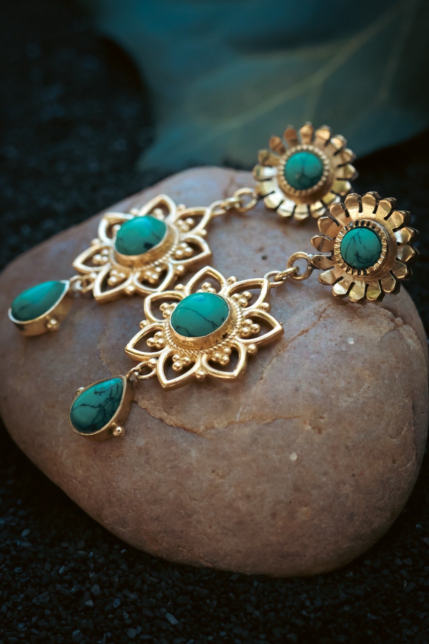 Brass Earrings - Sunflower - Turquoise