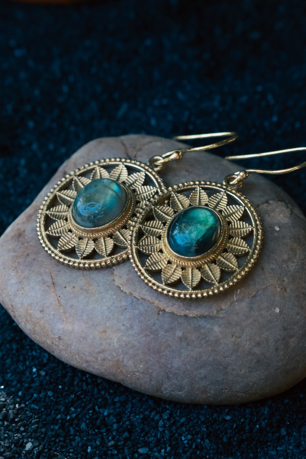 Brass Earrings - Rounded Sun Goddess - Labradorite