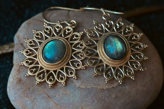 Brass Earrings - Sun Goddess Labradorite