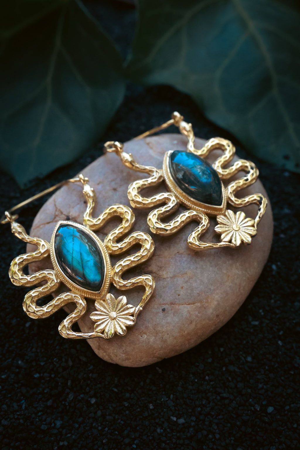 Brass Earrings - Medusa - Labradorite