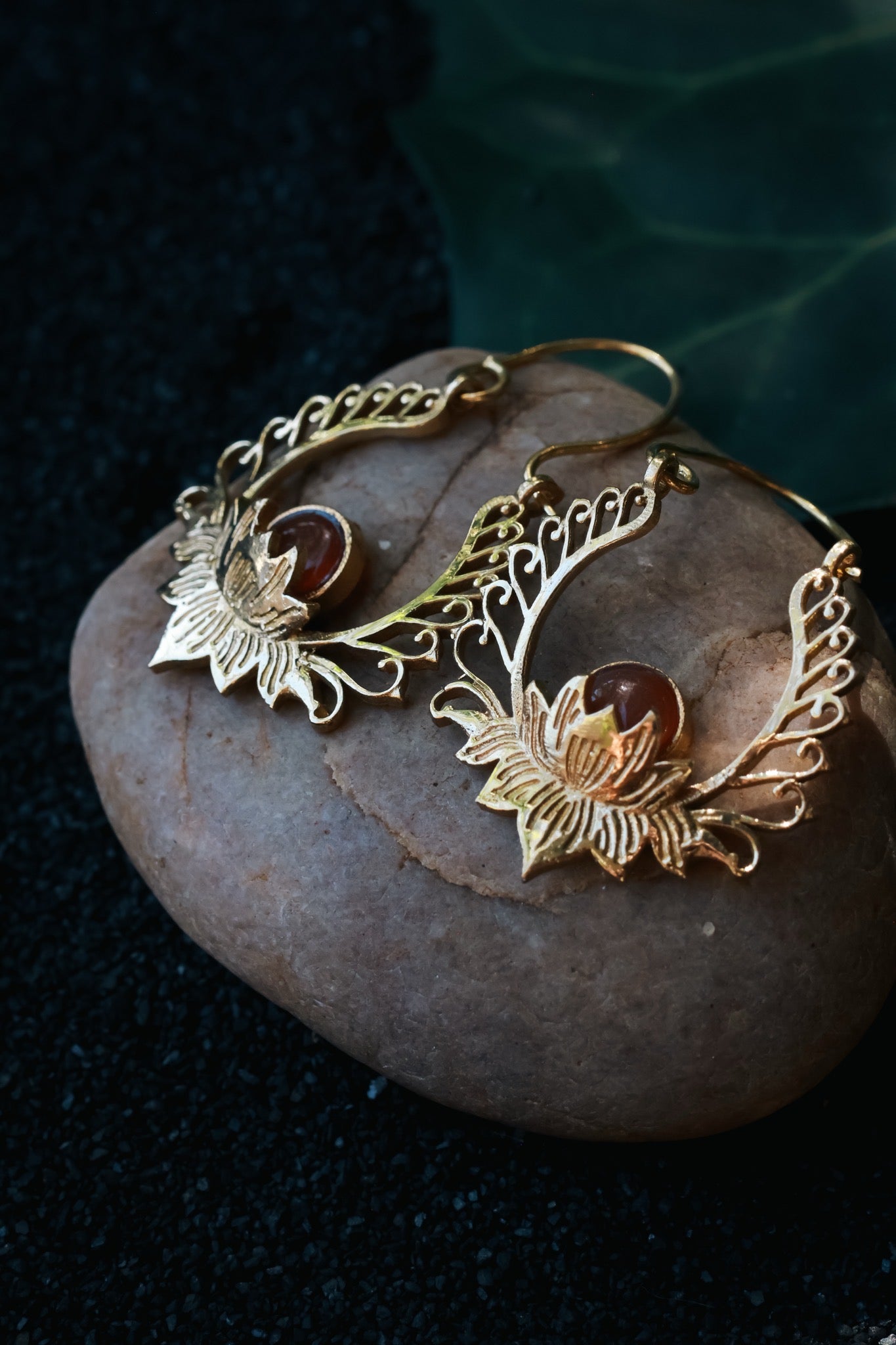 Brass Earrings -Lotus Goddess - Orange Quartz