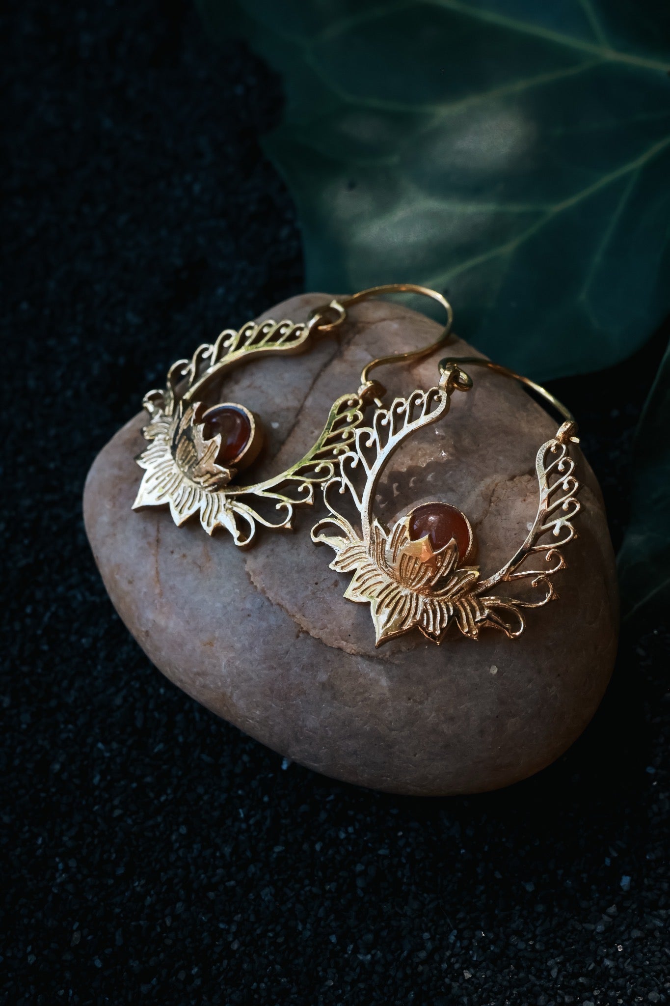 Brass Earrings -Lotus Goddess - Orange Quartz