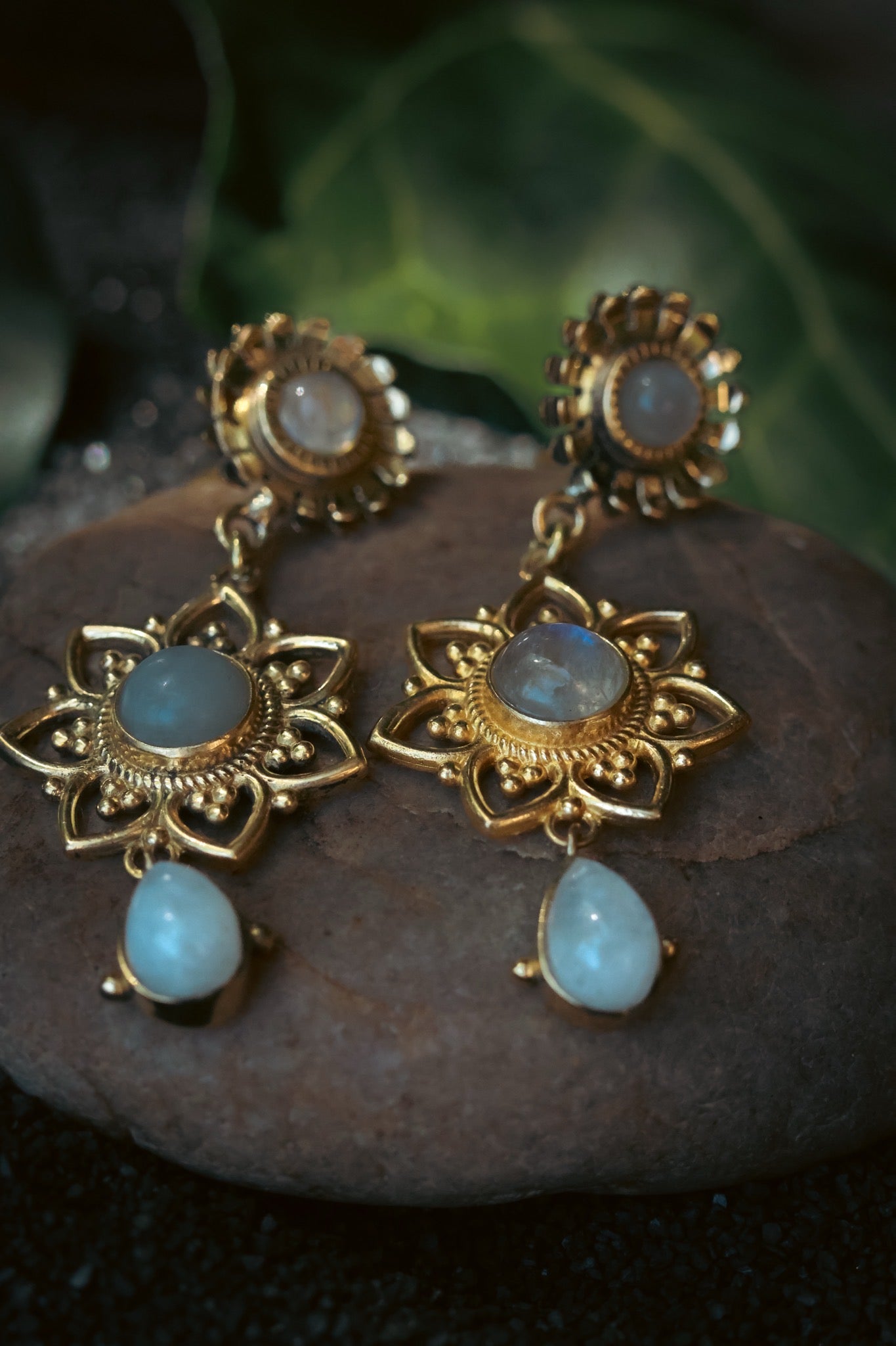 Brass Earrings - Sunflower - Moonstone