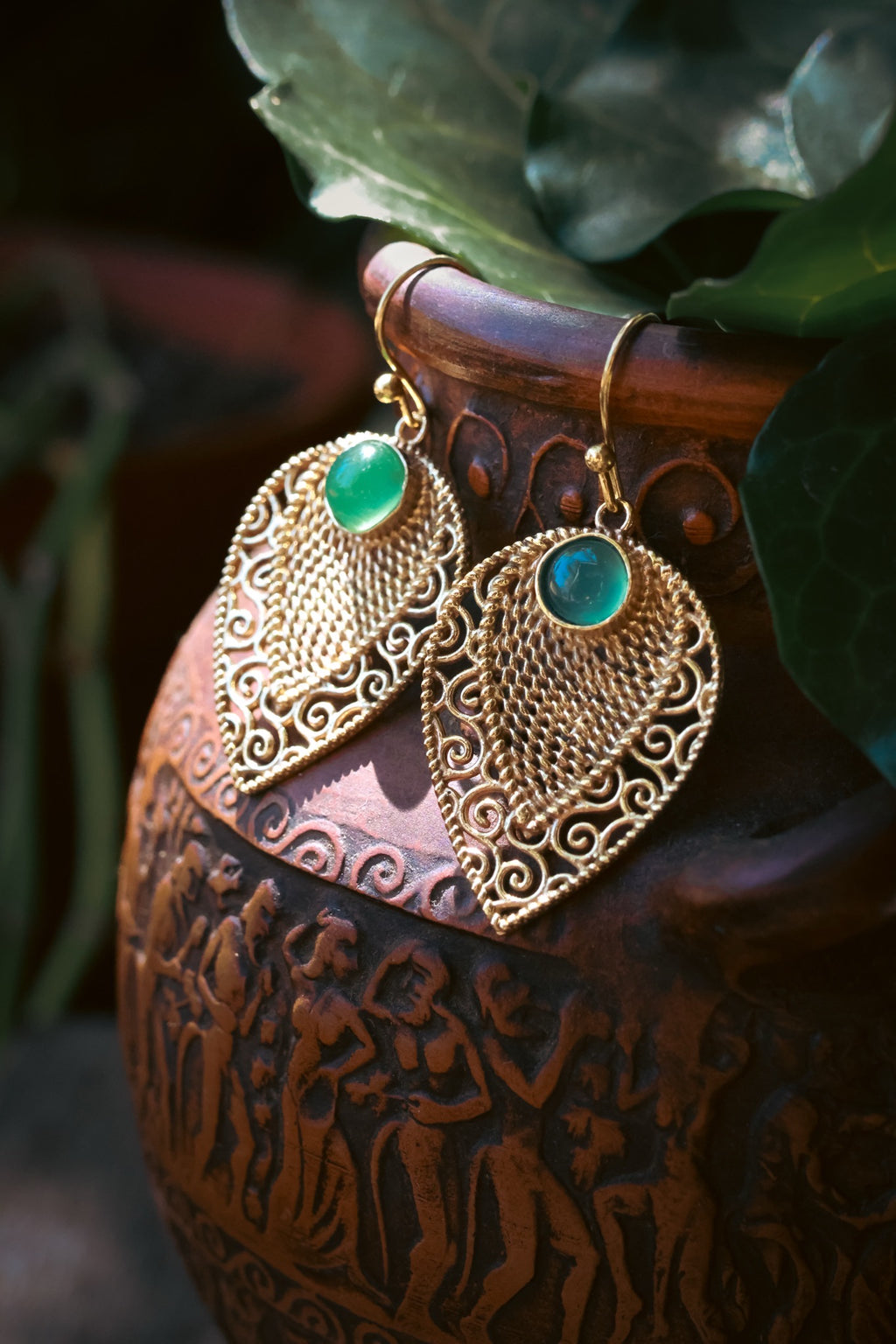 Brass Earrings - Leaf - Aventurine