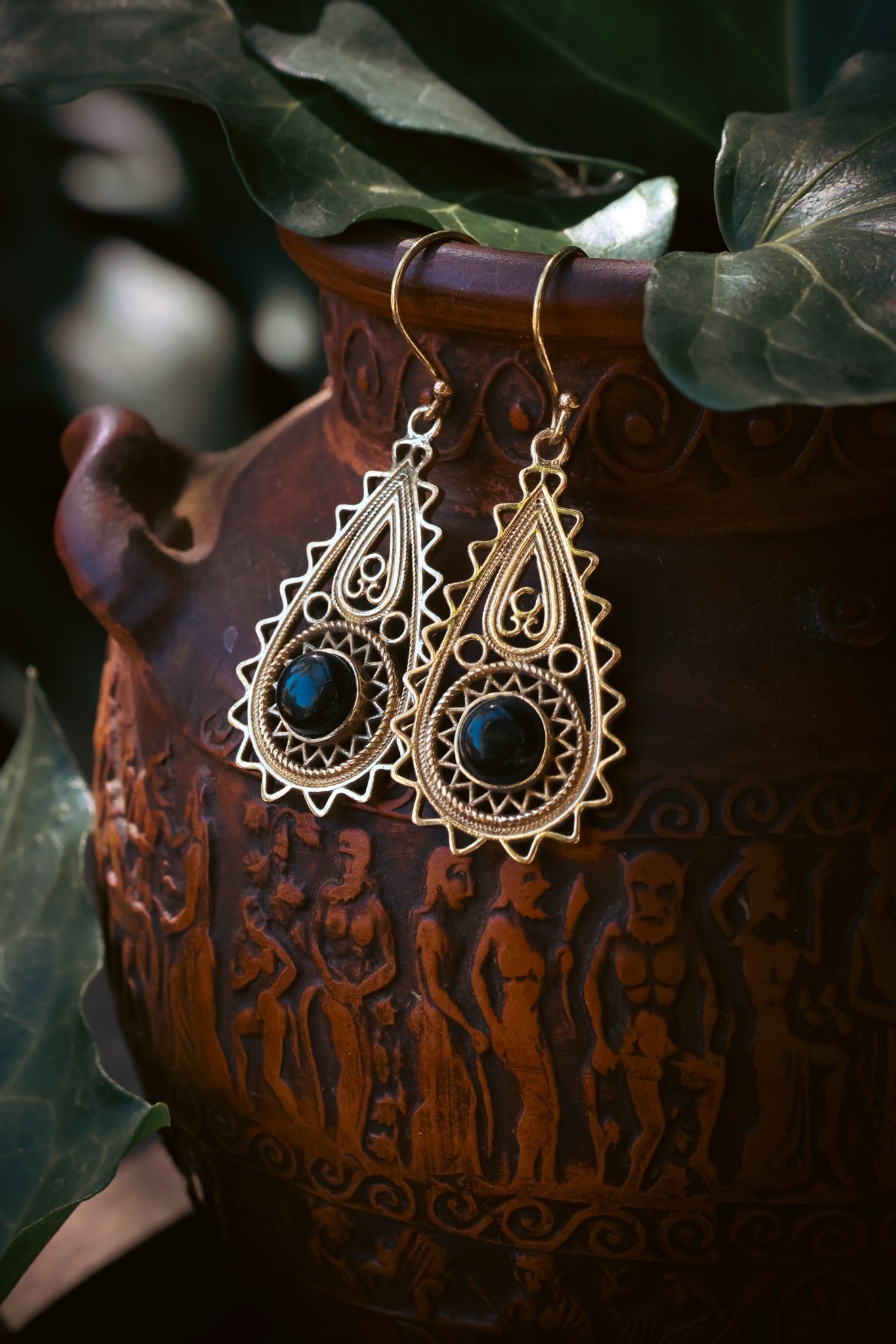 Brass Earrings - Paisley Goddess - Onyx