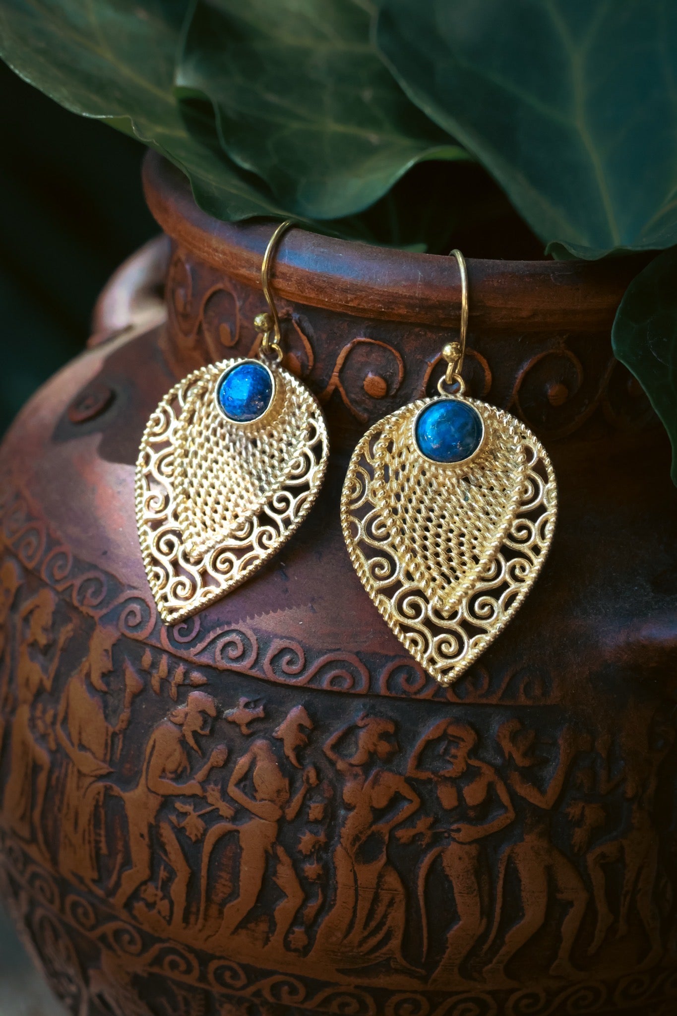 Brass Earrings - Leaf - Labradorite