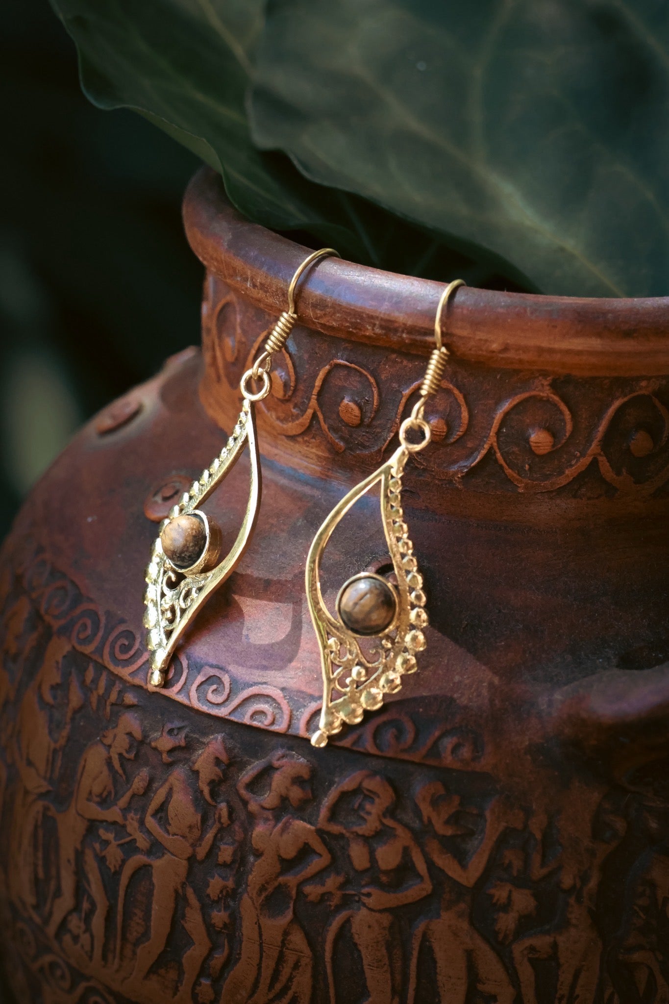 Brass Earrings - Crescent Leaf -